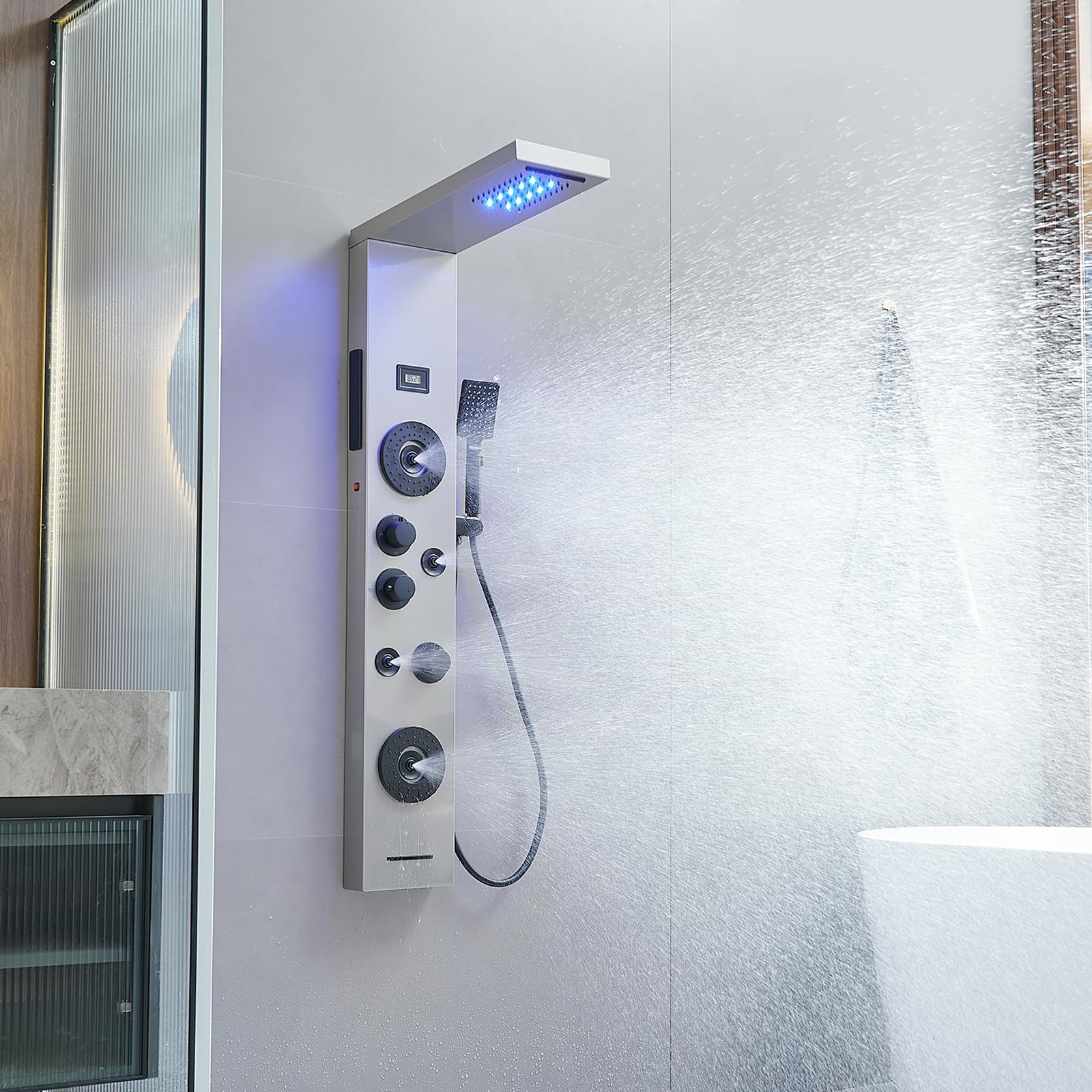 BWE Stainless Steel Shower Panel Tower System with LED Rainfall Shower Head - 4 Massage Jets, 3-Function Handheld Shower & Waterfall Tub Spout - Wall Mounted Shower Panel with Temperature Display - Perfect for Luxury Bathroom Renovation & Spa-Like Shower Experience
