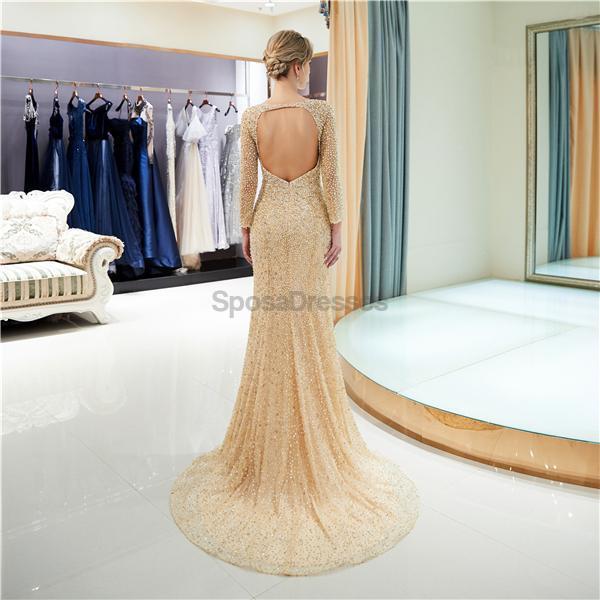 Elegant Long Sleeve Open Back Mermaid Gold Beaded Evening Gown - Formal Prom Dress for Women - Perfect for Homecoming, Ball, Wedding & Special Occasions
