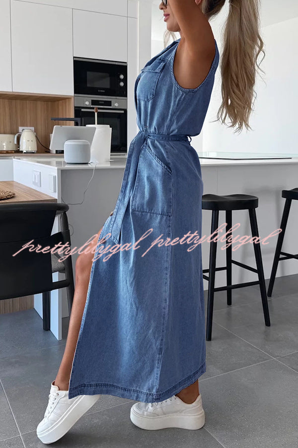 Solid Color Sleeveless Denim Midi Dress with Waist Tie & Pockets - Casual Summer Dress for Women, Perfect for Beach Outings, Picnics, and Weekend Brunch