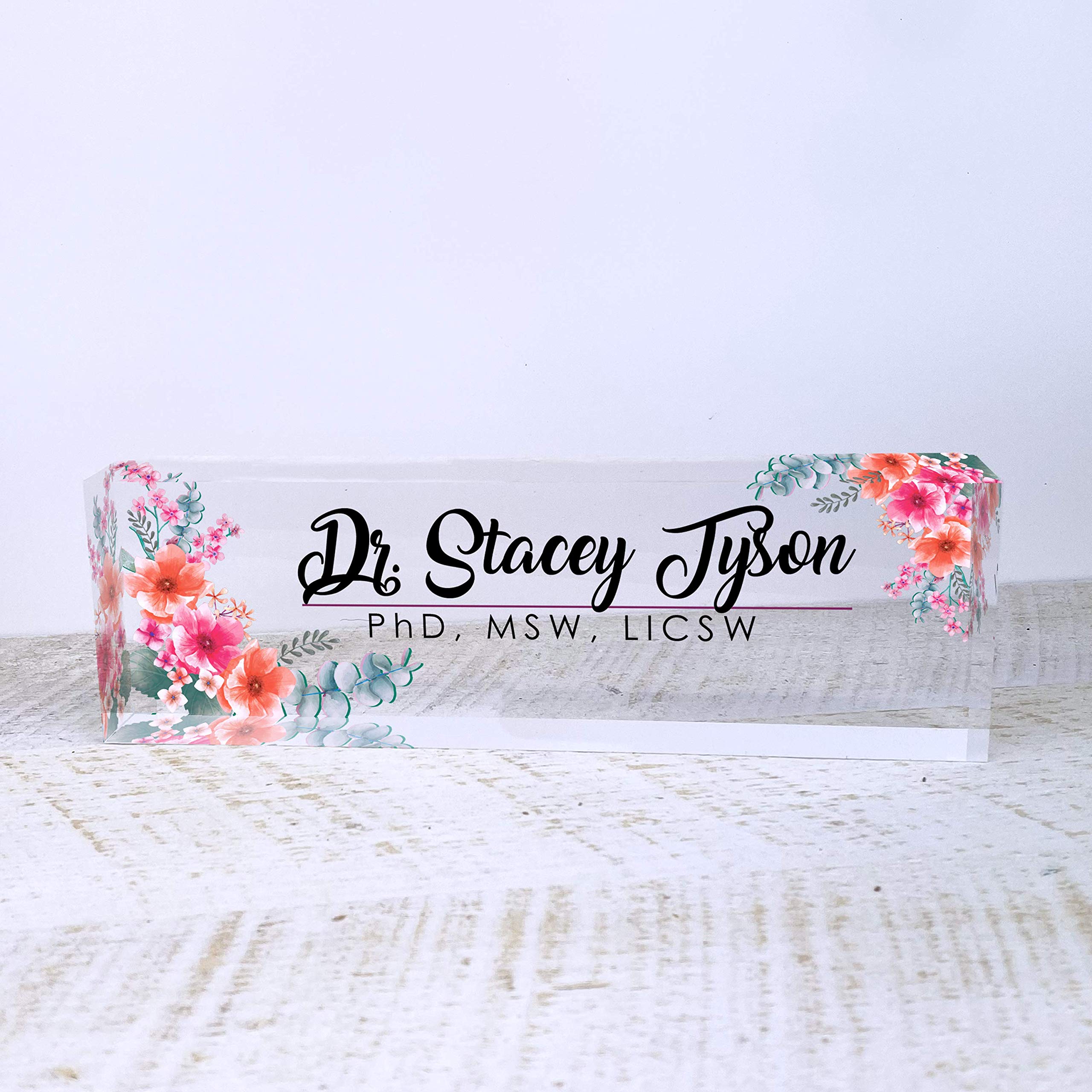 Personalized Acrylic Office Desk Name Plate - Custom Engraved Name Sign with Wild Flowers Design (8