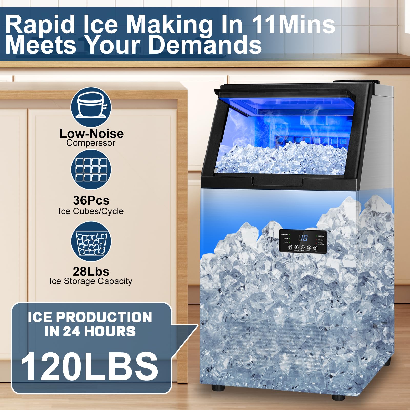 Commercial Ice Maker Machine 120Lbs/24H, Stainless Steel Under Counter or Freestanding with 2 Water Inlet Modes - Makes 36 Ice Cubes in 8-15 Mins, 28Lbs Storage Bin - Perfect for Home, Office, Bar, Restaurant, and Commercial Use