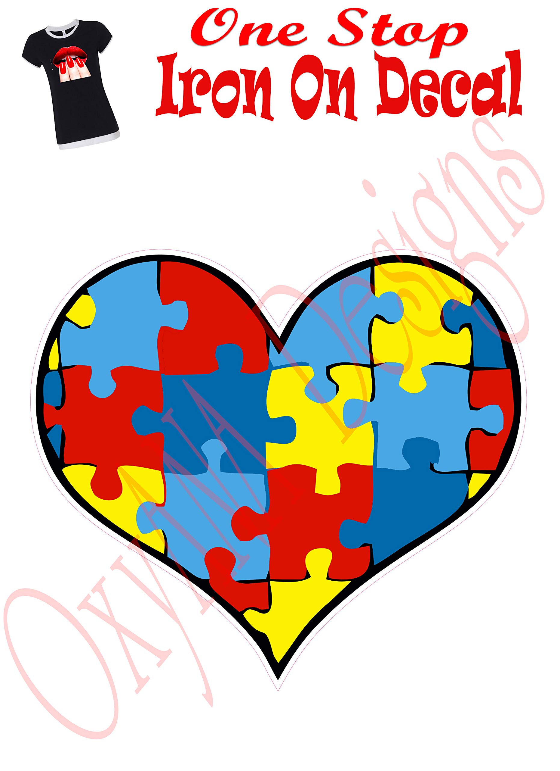 Autism Awareness Heart Iron-On Heat Transfer Patch - 5 Inch Decal Sticker for T-Shirts, Bags & DIY Crafts - Support Autism Awareness with Custom Apparel
