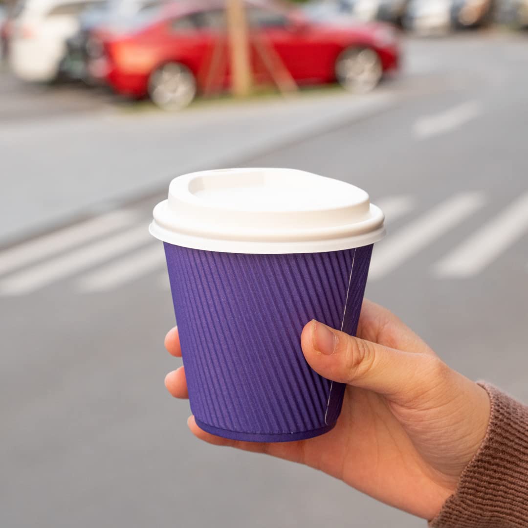 Restaurantware 8oz Insulated Coffee Cups with Lids - 400 Pack Leakproof Ripple Wall Hot Cups, Non-Slip Royal Purple Disposable Paper Cups for Coffee, Tea, Hot Cocoa & Lattes - Perfect for Cafes, Offices & Catering Events
