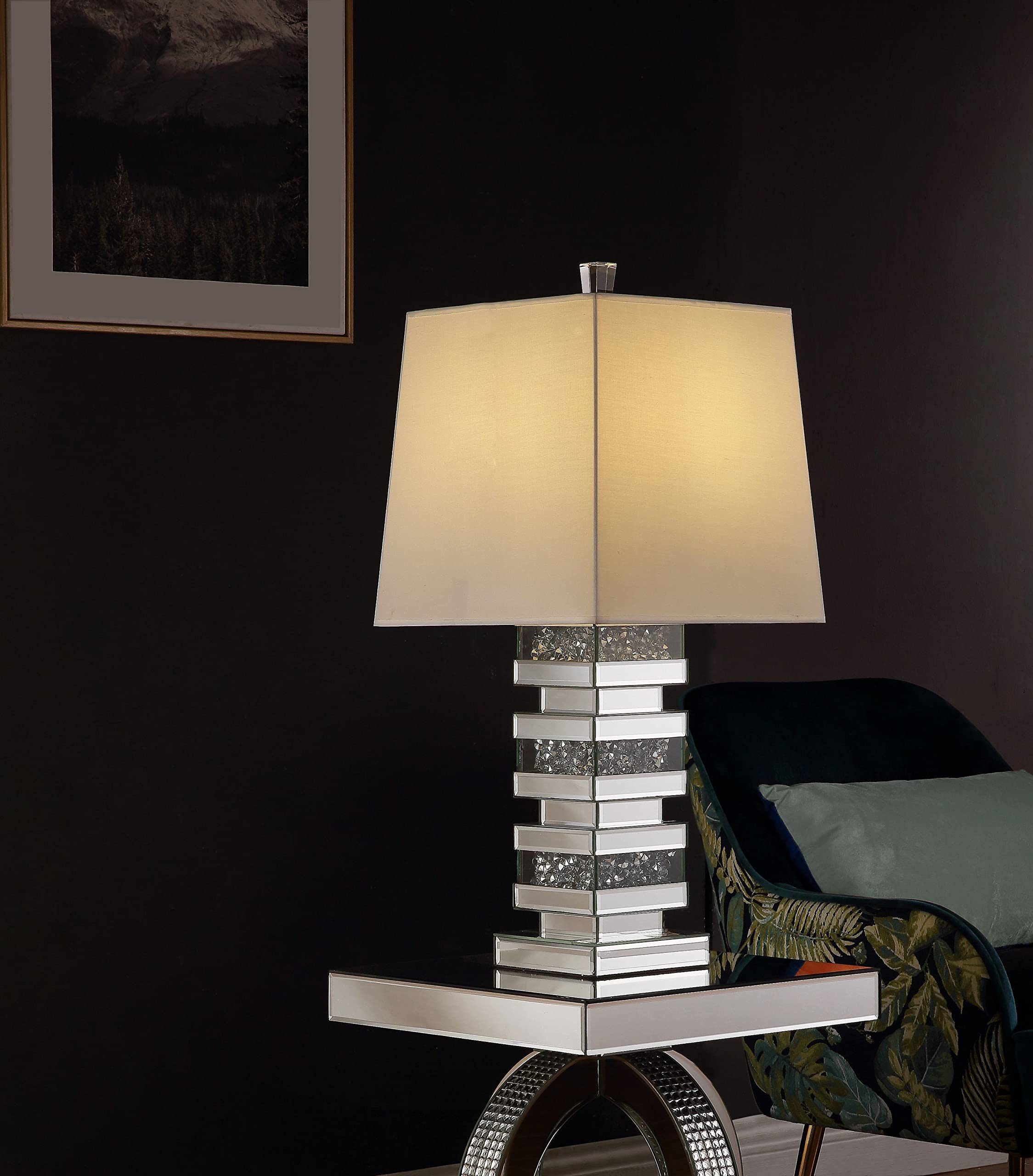 Acme Furniture Noralie Table Lamp with Mirrored Base & Faux Diamond Accents - Elegant Bedside Lighting for Bedroom & Living Room Decor