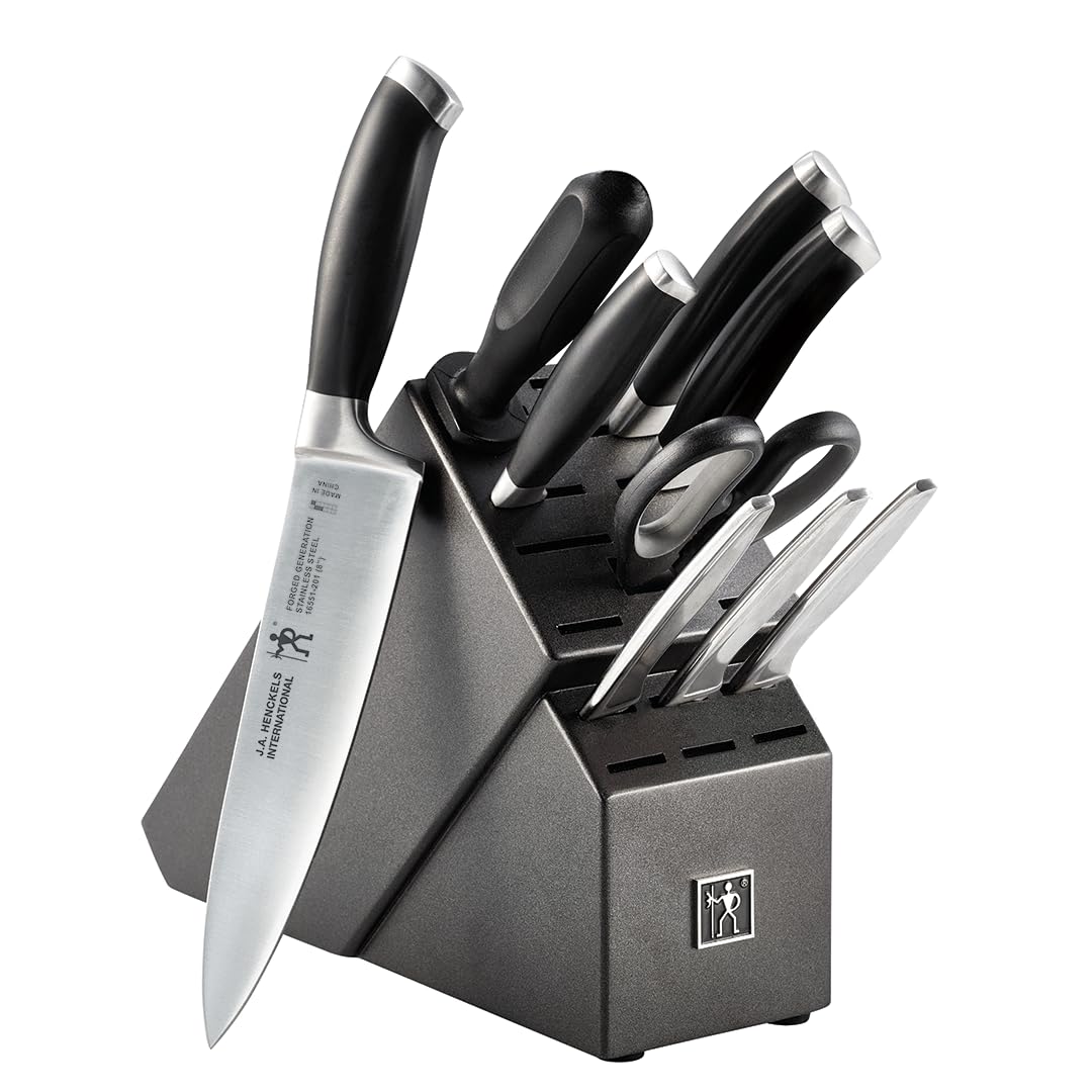 HENCKELS German Forged Stainless Steel 10-Piece Knife Block Set - Ultra Sharp Professional Chef Knives with Wooden Block, Dishwasher Safe Kitchen Cutlery Set (Black) - Perfect for Home Cooking, Restaurant Use & Gift Giving
