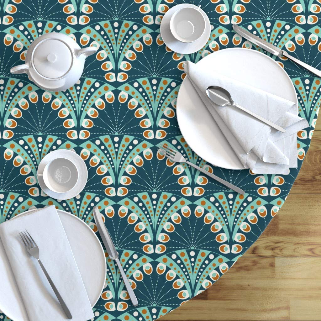 Art Deco Peacock Feathers Green Geometric Ivory Cotton Sateen Tablecloth - 70 Inch Round Custom Table Linens for Elegant Dining & Midcentury Home Decor | Perfect for Dinner Parties, Weddings & Holiday Gatherings
