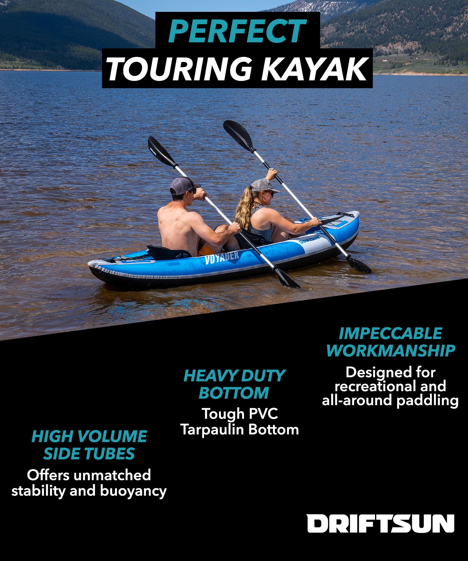 Driftsun Voyager 2-Person Inflatable Tandem Kayak for Adults - Foldable & Portable with 2 Aluminum Paddles, 2 Padded Seats, Double Action Pump & Travel Backpack - Perfect for Lakes, Rivers & Ocean Adventures