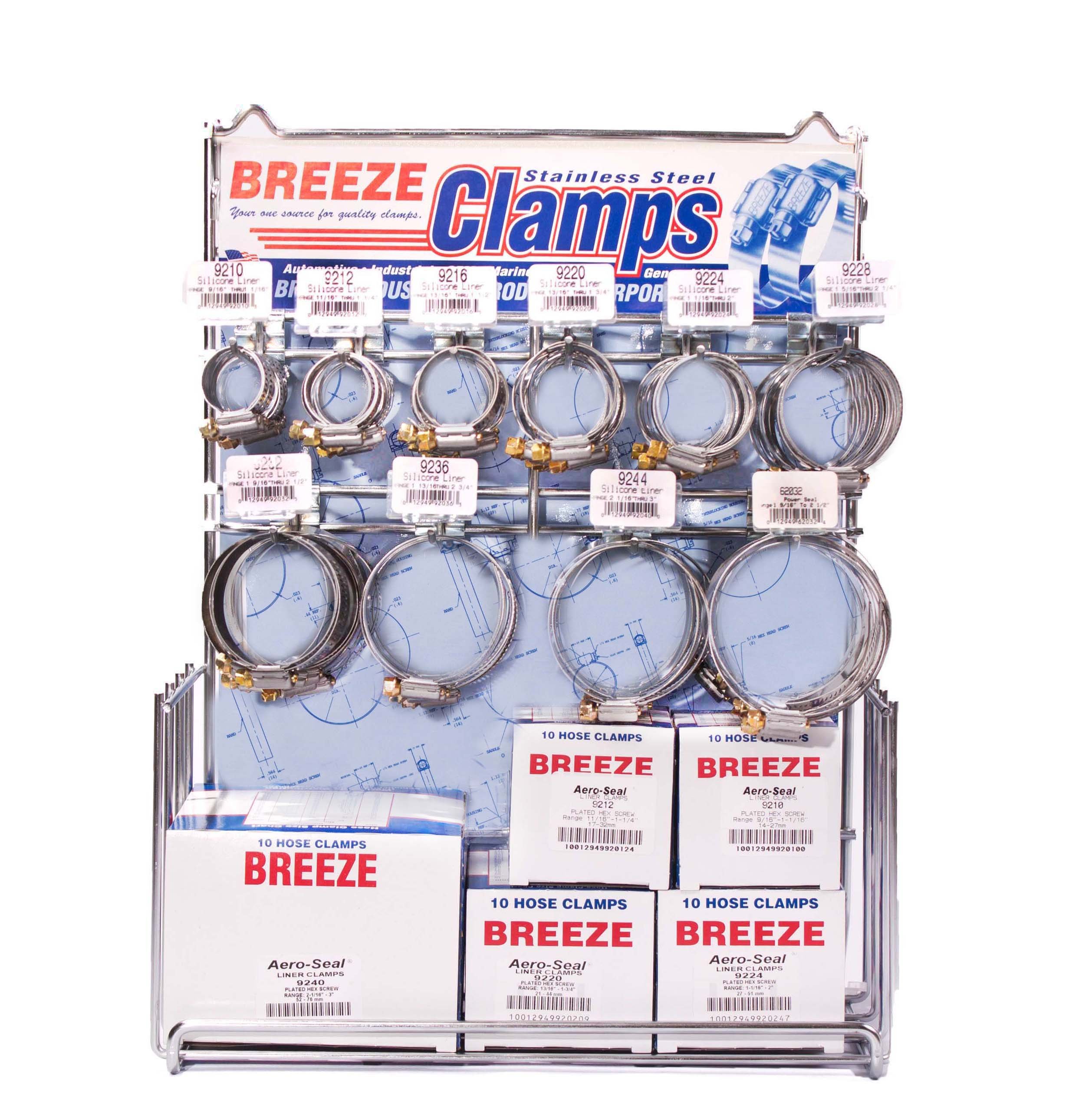 Breeze 9150 HD Hose Clamp Assortment Kit - 150 Assorted Liner Clamps with 6100 Empty Display Rack | Perfect for Automotive, Plumbing & Industrial Applications