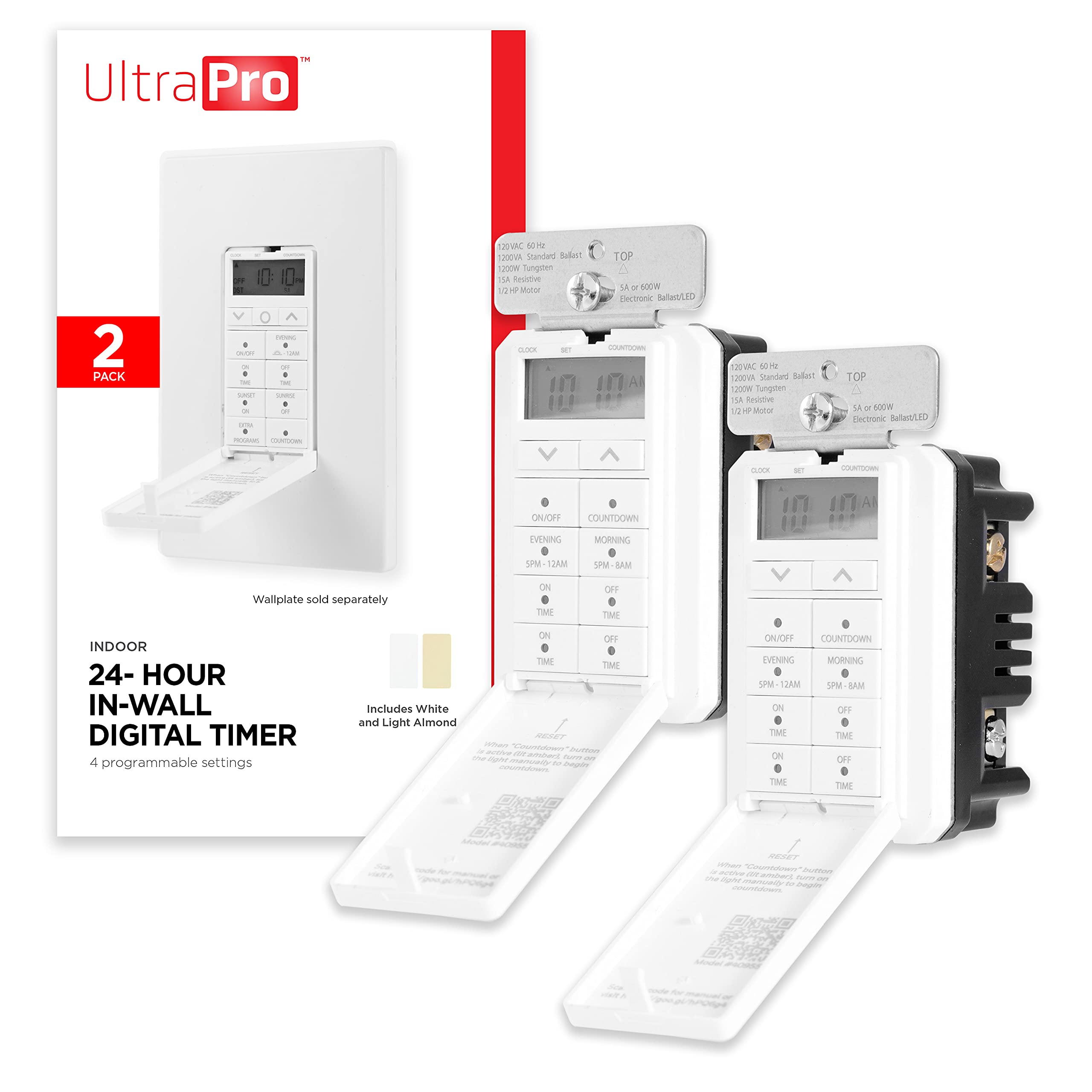 UltraPro 24-Hour Digital In-Wall Timer Switch - 2 Pack, Easy-to-Program with Presets & Countdown Function, ON/OFF Override Button - Perfect for Indoor Lighting, Porch Lights, Seasonal Decor & Home Automation (Model 47941)