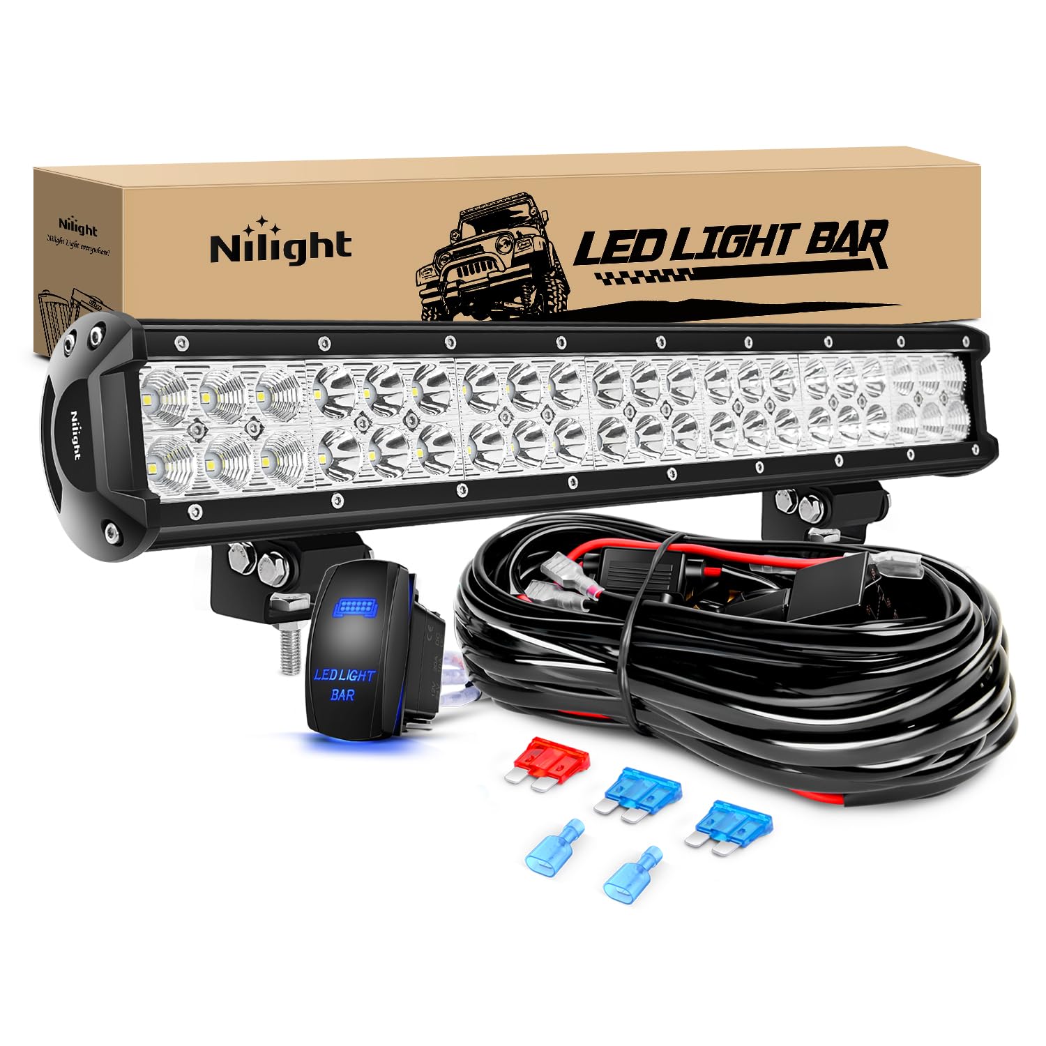 Nilight 20 Inch 126W LED Light Bar - Spot Flood Combo Off Road Lights with 5-Pin Rocker Switch & Wiring Harness Kit (12V, Model ZH082) - Durable Clear Lens for Trucks, ATVs, UTVs & Off-Road Vehicles - 2 Year Warranty