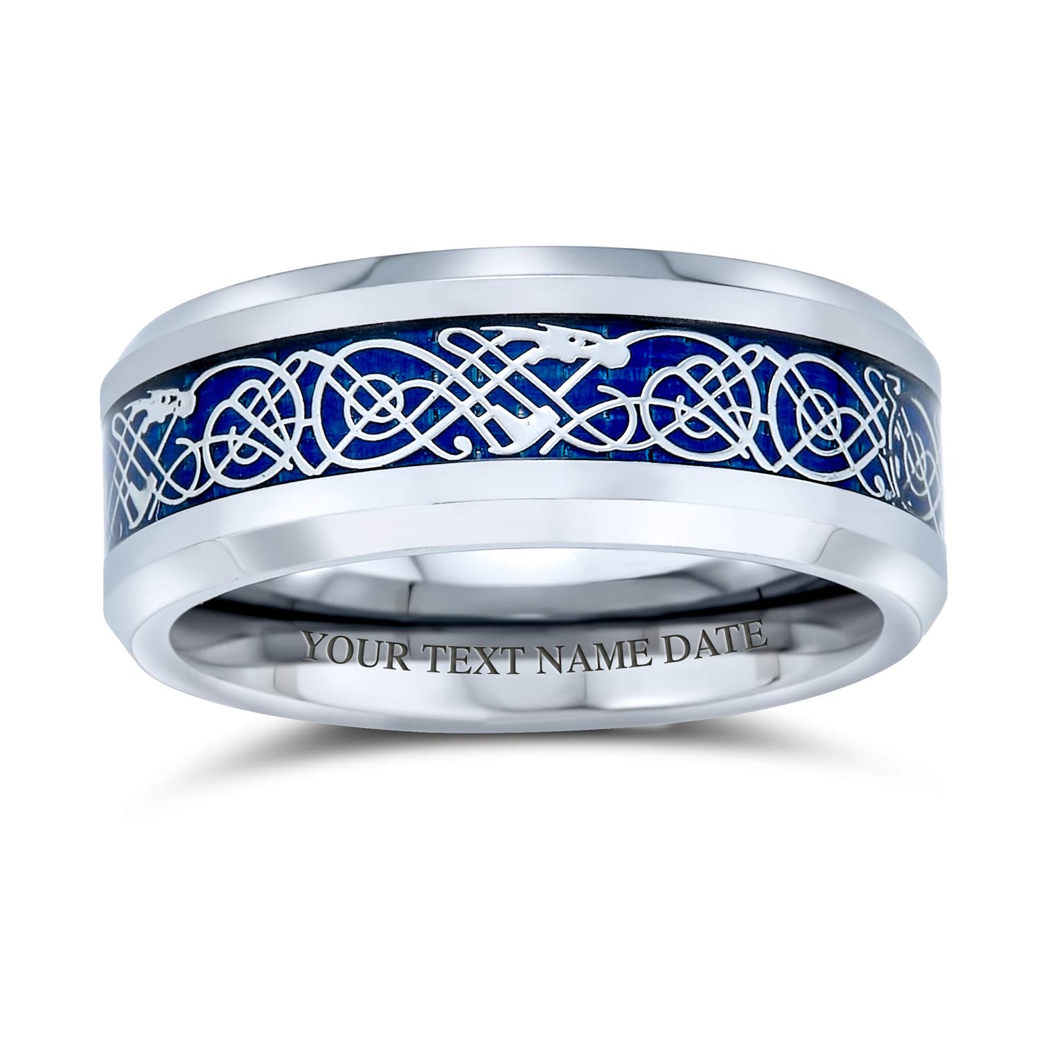 Personalized Two-Tone Celtic Knot Dragon Carbon Fiber Inlay Titanium Wedding Band Rings for Men & Women - Comfort Fit 8mm Wide in Blue, Black, Gold - Perfect for Couples, Anniversaries & Unique Gifts