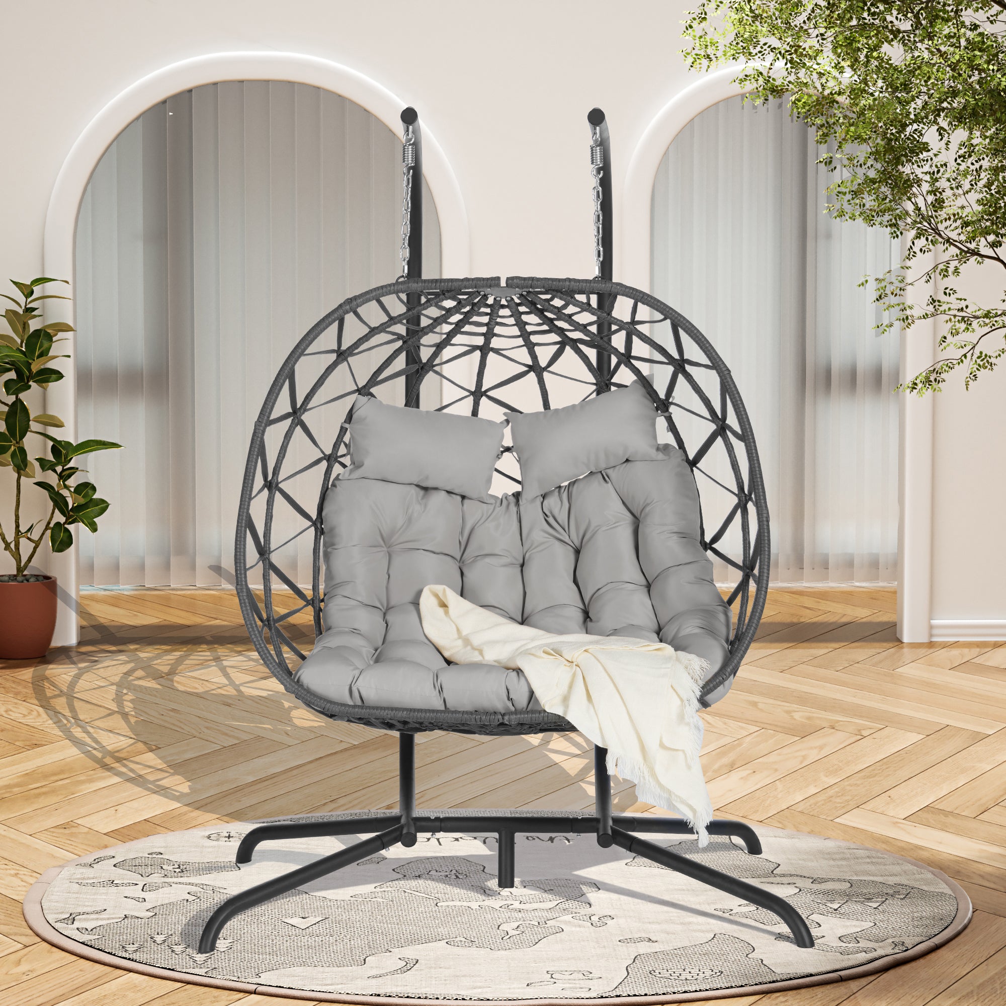 Double Egg Chair with Stand - Hanging Indoor/Outdoor Wicker Rattan Swing Chair with UV-Resistant Cushions (600 lbs Capacity) - Perfect for Bedroom, Balcony, Patio, Garden & Backyard Relaxation