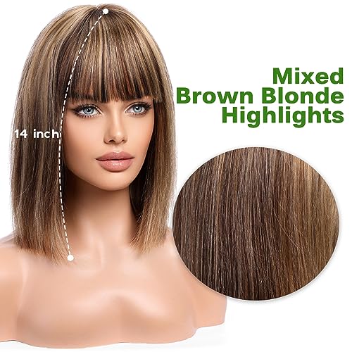 Brown Mixed Blonde Highlights Bob Wig - Natural Looking Synthetic Hairpiece for Women | Perfect for Cosplay, Costume Parties & Everyday Fashion