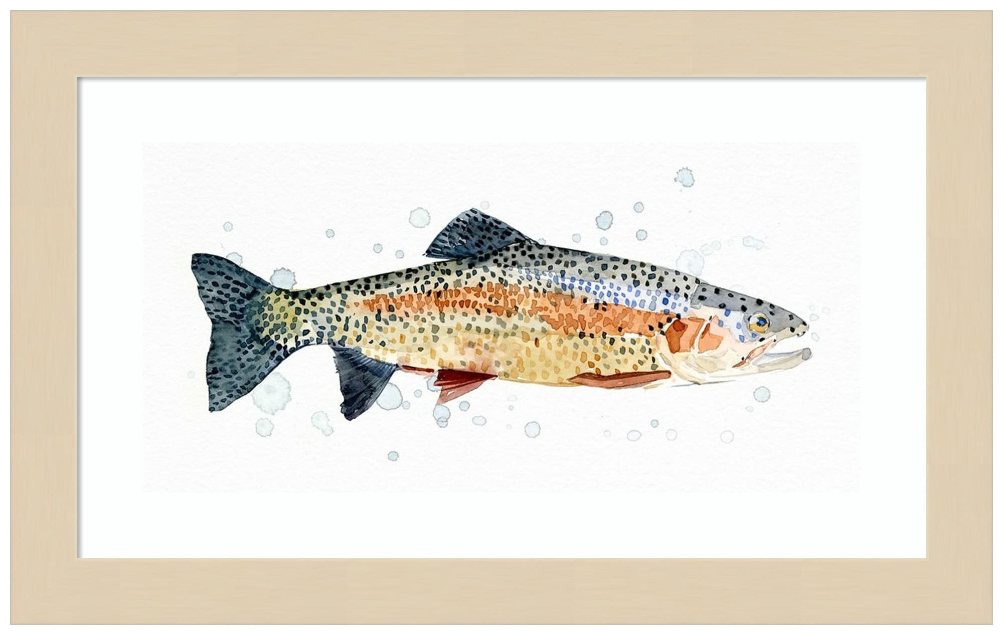 Emma Caroline Watercolor Rainbow Trout Wall Art Print - 13x8 Inch Wood Framed Decor for Living Room, Bedroom & Office | Svelte Natural Frame | Nature Inspired Home Decor