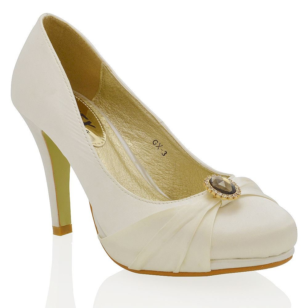 Elegant Women's Stiletto Heel Slip-On Platform Pumps - Satin Bridal Shoes with Brooch Detail for Weddings, Parties & Special Occasions