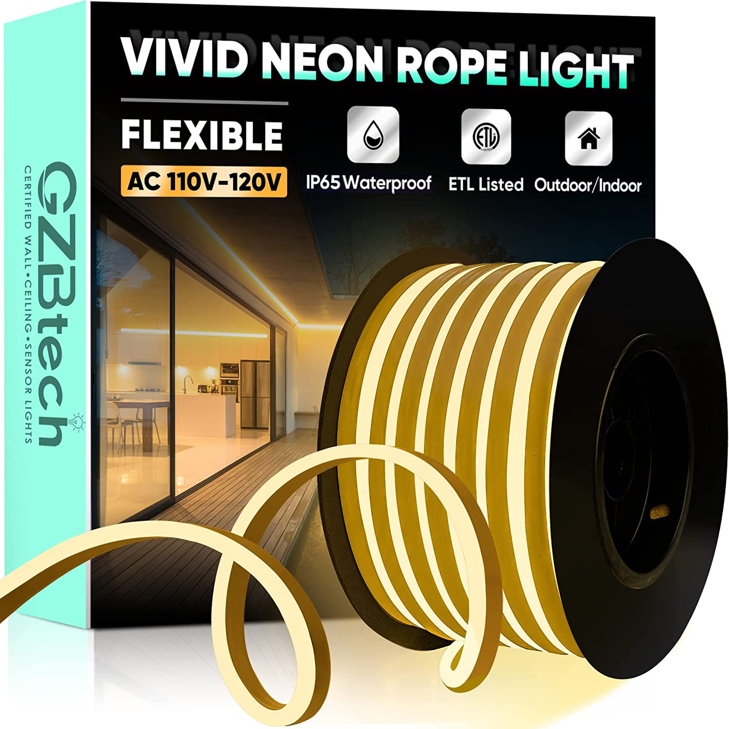 GZBtech 50FT Flexible LED Neon Rope Lights - Waterproof 120V Neon Strip Lighting with 120 LEDs/M (Cuttable & Connectable) - Warm White Indoor/Outdoor Decor for Homes, Bars, Weddings & Commercial Buildings