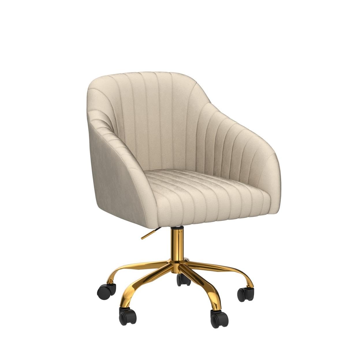 HULALA HOME Velvet Home Office Desk Chair - Modern Cute Computer Task Chair with Wheels, Swivel & Height Adjustable - Upholstered Vanity Chair for Women & Girls (Gold Base, Tan) - Perfect for Home Office, Gaming Setup, Study Room & Makeup Vanity