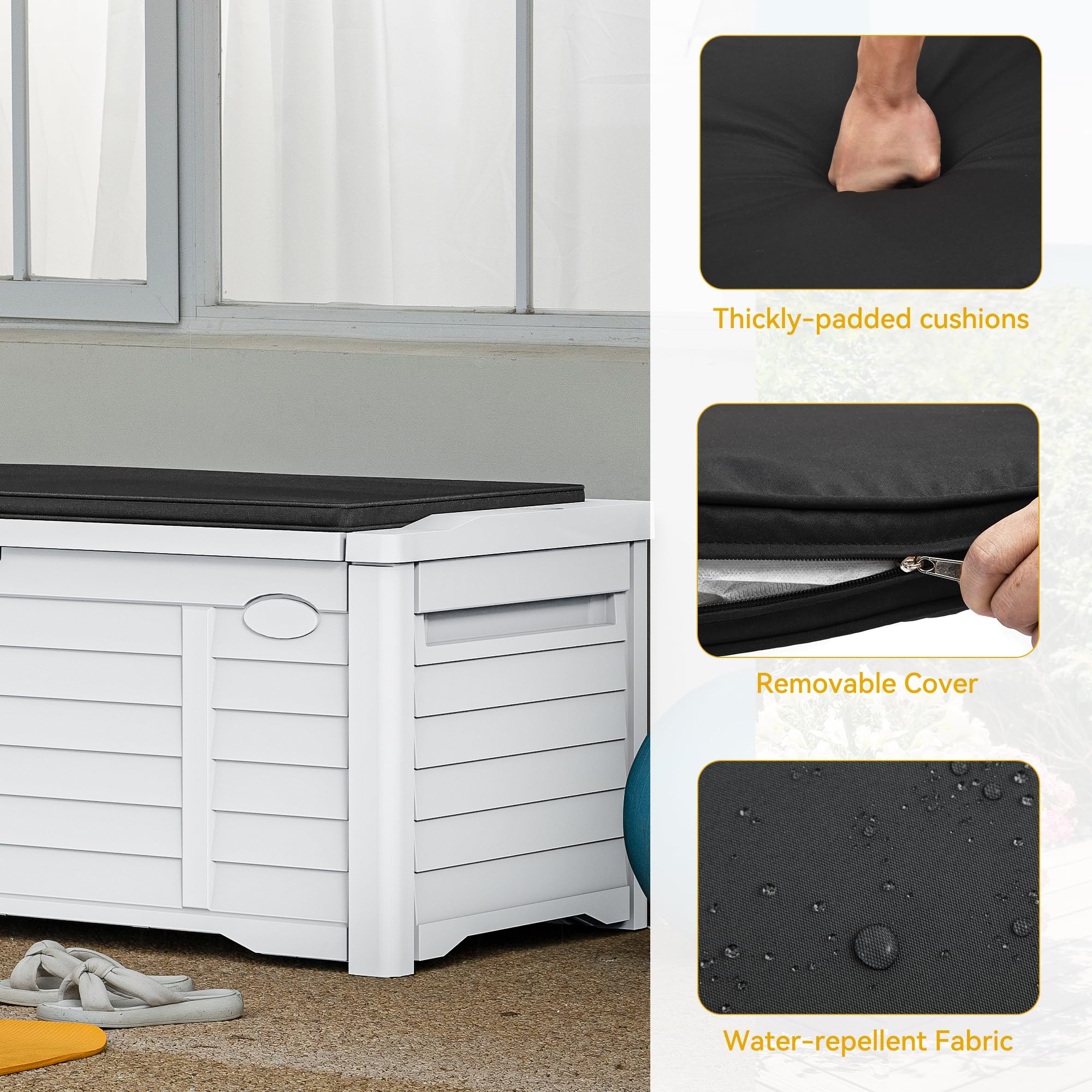 DWVO 120 Gallon Outdoor Louver Storage Deck Box with Seating Cushion - Large Waterproof Resin Deck Storage Box for Patio Furniture, Garden Tools, Pool Toys & Outdoor Accessories - Lockable Design (White) - Perfect for Backyard, Poolside & Deck Organization