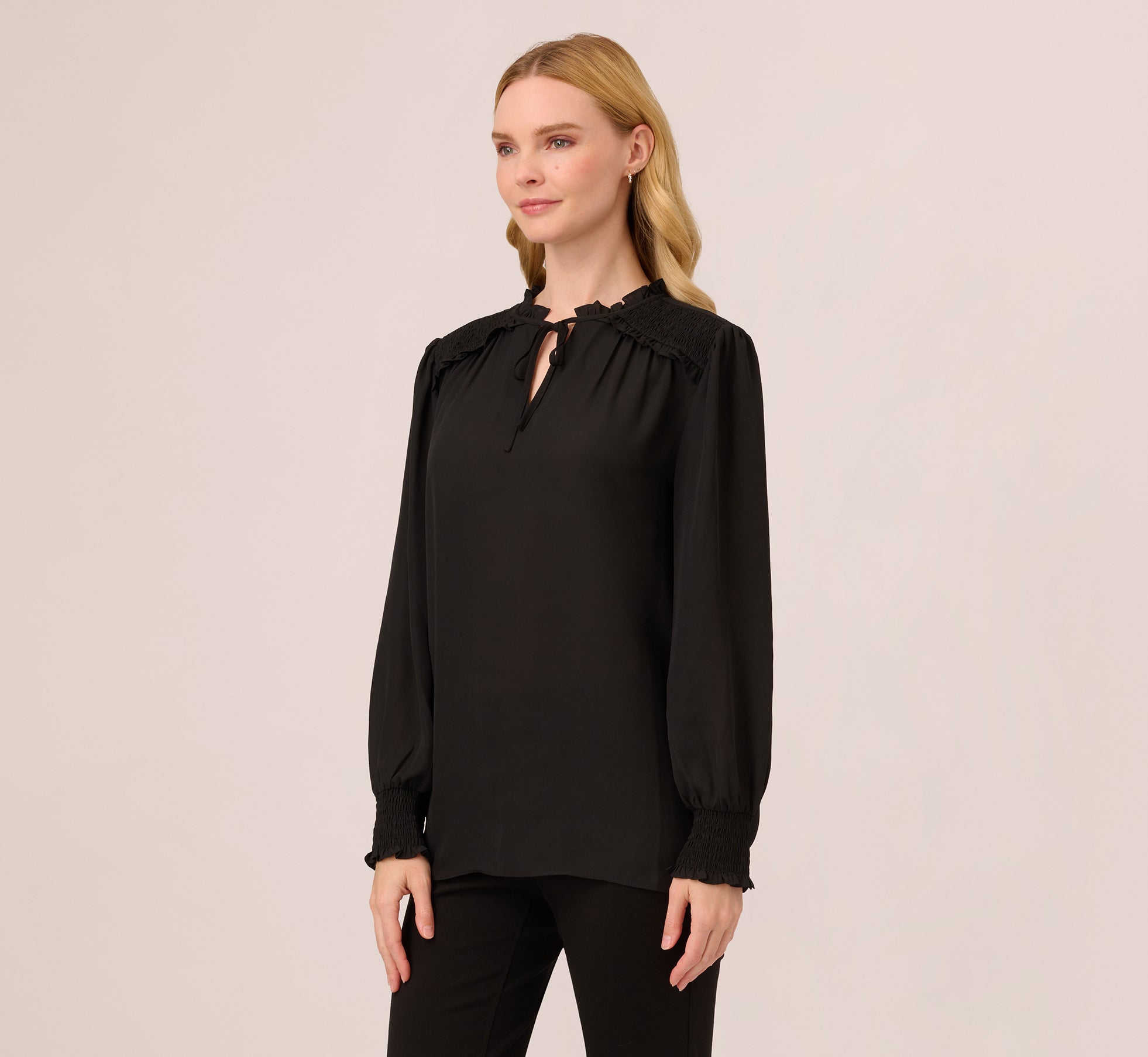 Black Ruffle Tie Neck Blouse with Smocked Long Sleeves - Elegant Women's Tops for Work, Date Night & Special Occasions
