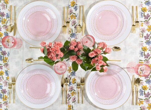 Pink and Gold Plastic Party Bundle - Organic Hammered Disposable Tableware Set for Birthday, Wedding, Baby Shower & Holiday Celebrations