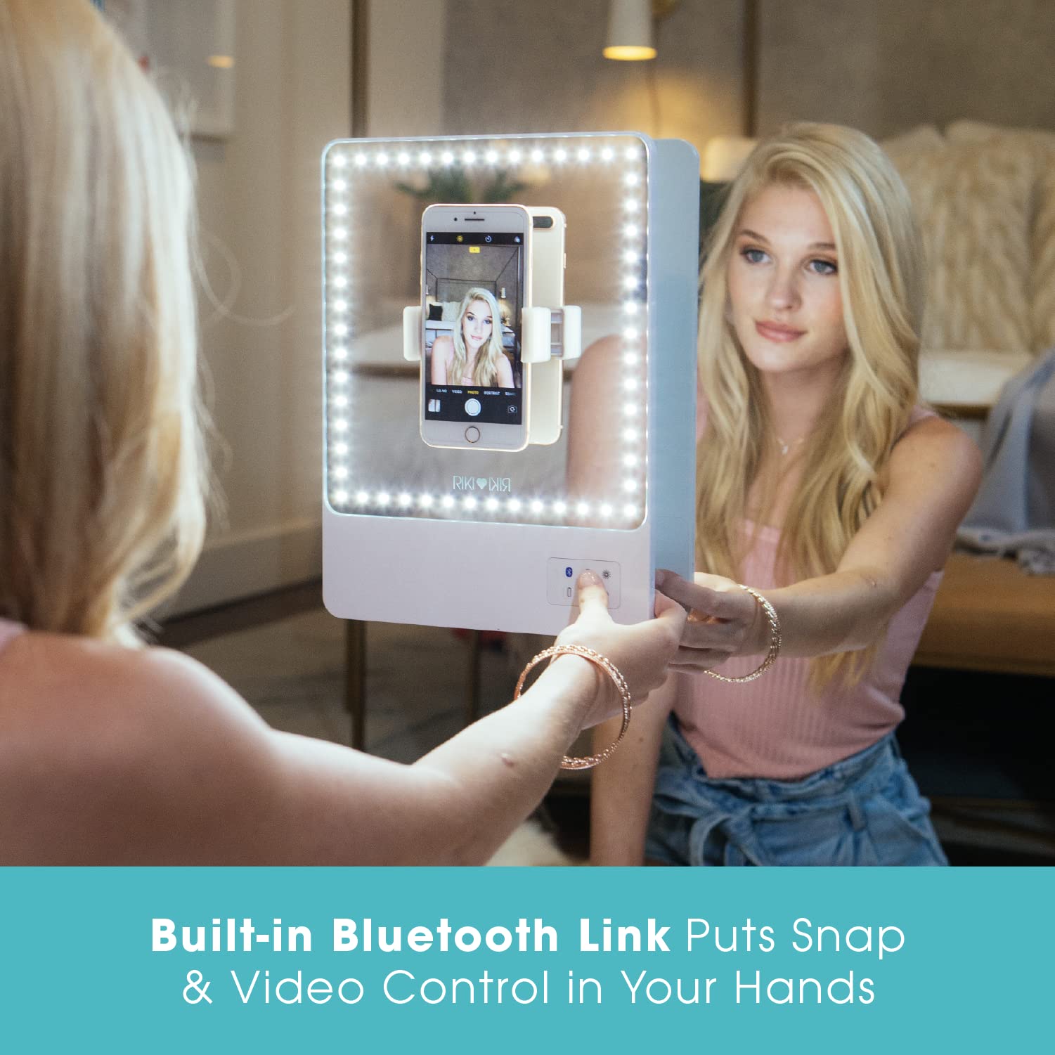 Glamcor Riki Skinny Smart Vanity Mirror with HD LEDs - 5X Magnifying Mirror, Phone Holder & Bluetooth Control - White Makeup Mirror for Professional & Home Use - Perfect for Makeup Application, Skincare & Selfie Lighting