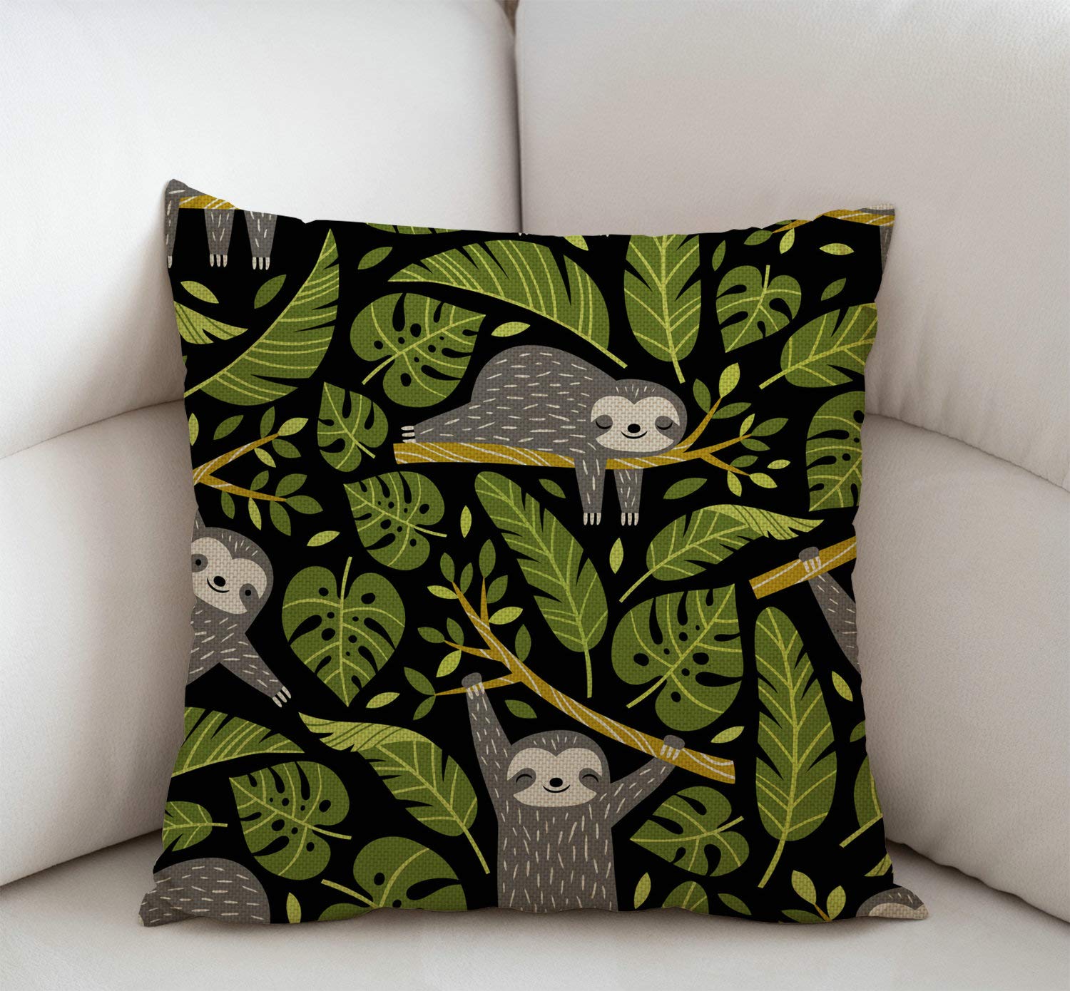 Swono 18x18 Inch Sloth & Palm Leaf Throw Pillow Cover - Soft Cotton Linen Cushion Case for Sofa, Couch, Bed - Farmhouse Home Decor (Perfect for Living Room, Nursery & Boho Style Bedrooms)