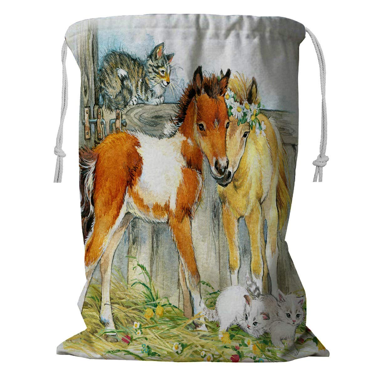 ECZJNT 24x32 Inch Drawstring Laundry Storage Bag - Watercolor Horse & Cat Design for Pets, Organizing Clothes, Toys, and Home Decor