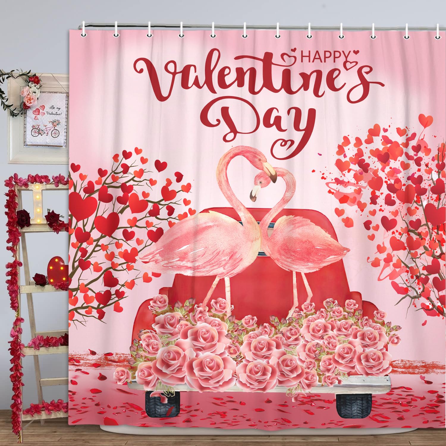JAWO Valentine's Day Shower Curtain - Romantic Pink Flamingos & Red Truck Fabric Bathroom Decor with Rose Heart Tree Design, 69x70 Inches - Perfect for Couples' Bathroom, Anniversary Gift & Wedding Decor