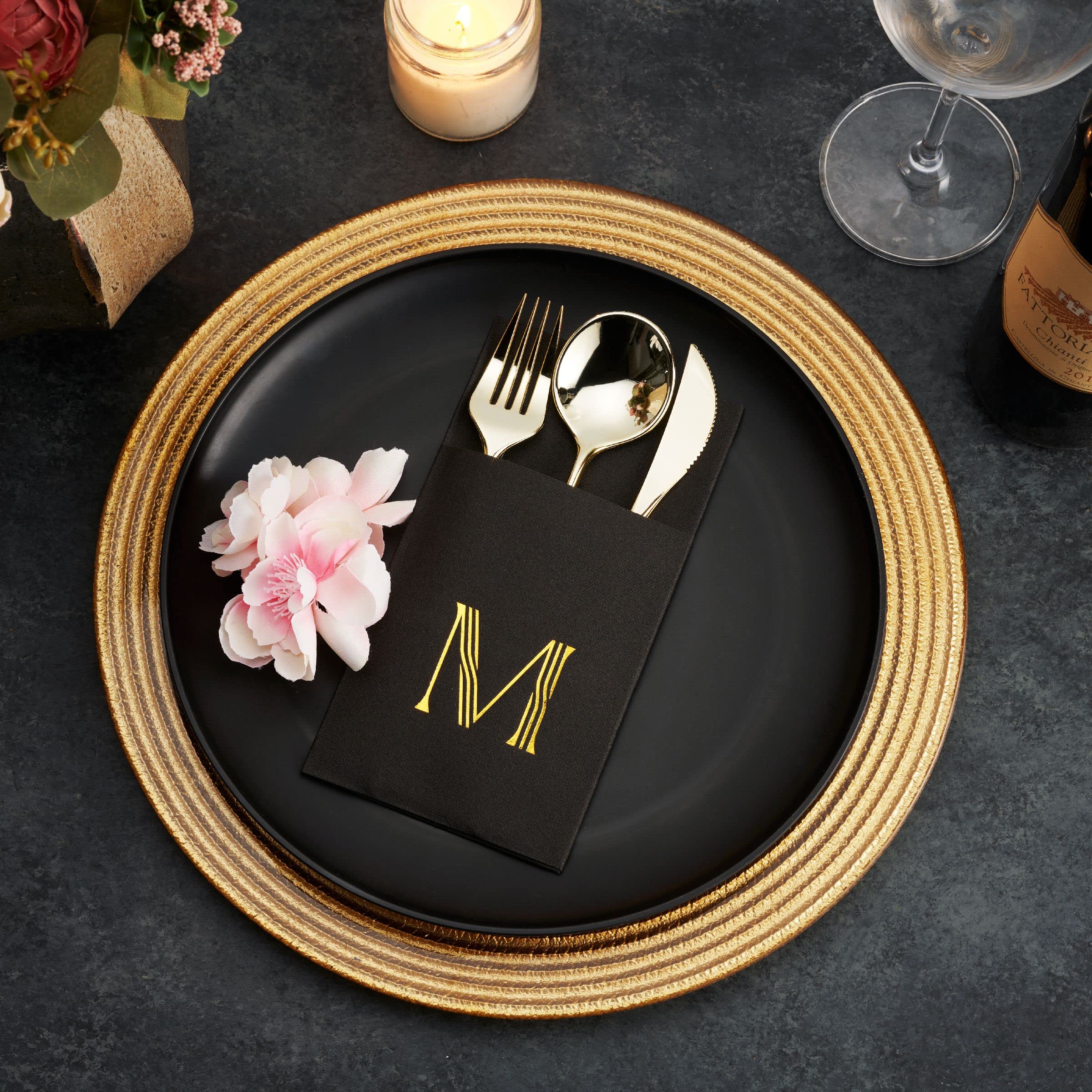 50-Pack Black Monogrammed Napkins with Silverware Pocket - 16