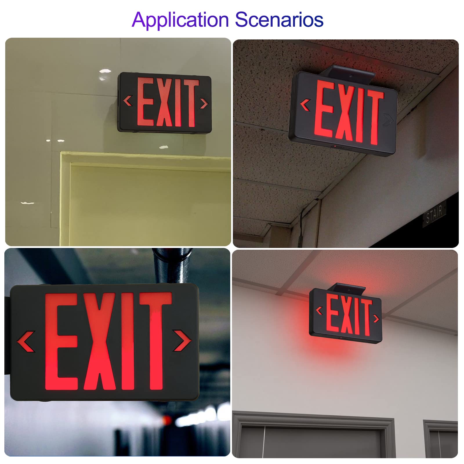 GZRUIYANG Red LED Exit Sign with Black Housing - UL Listed Emergency Exit Light with Battery Backup, AC 120/277V - 4 Pack Commercial Emergency Lights for Offices, Warehouses & Public Buildings