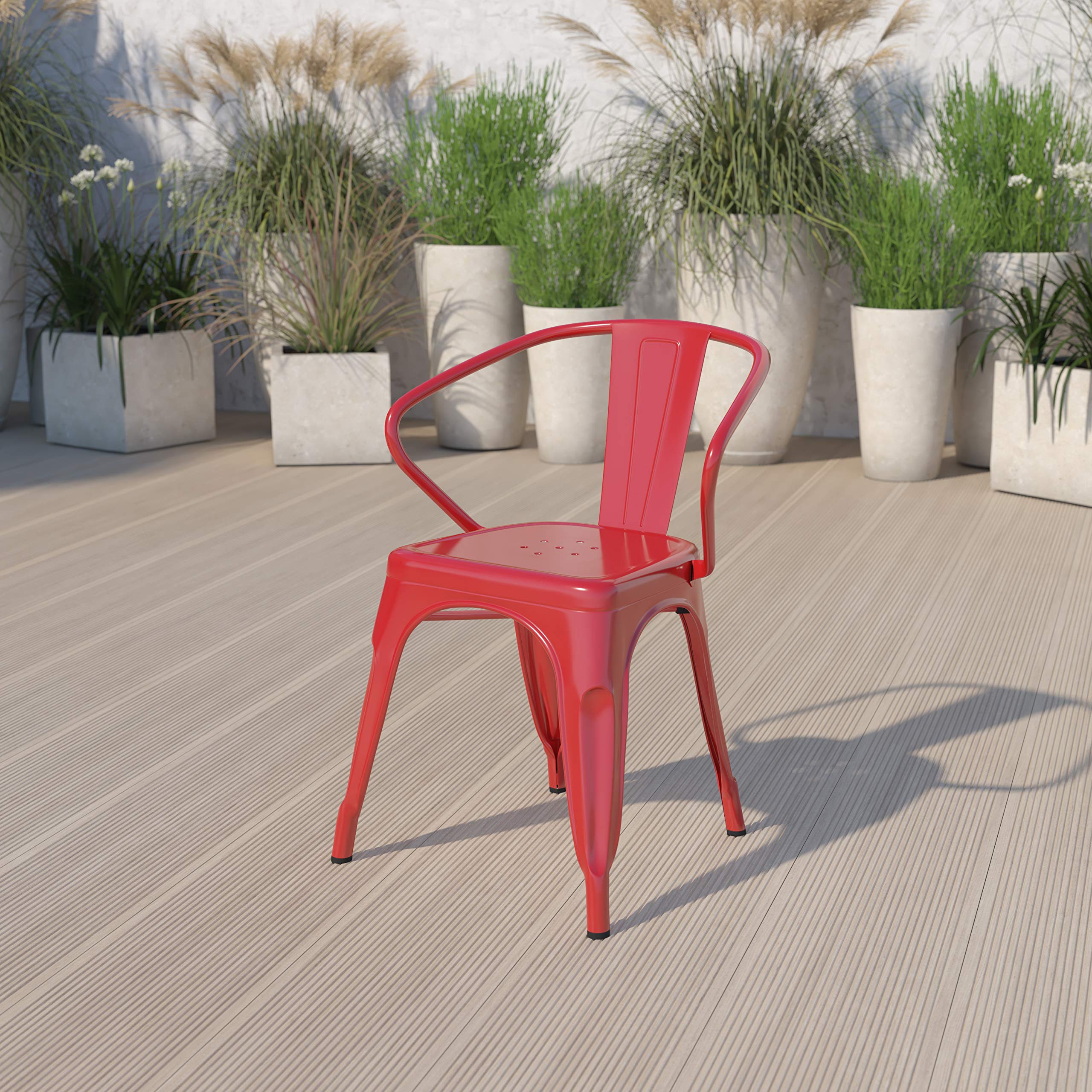 4 Pack Red Metal Indoor-Outdoor Arm Chairs - Heavy Duty Restaurant & Cafe Furniture for Patio, Garden, and Commercial Use