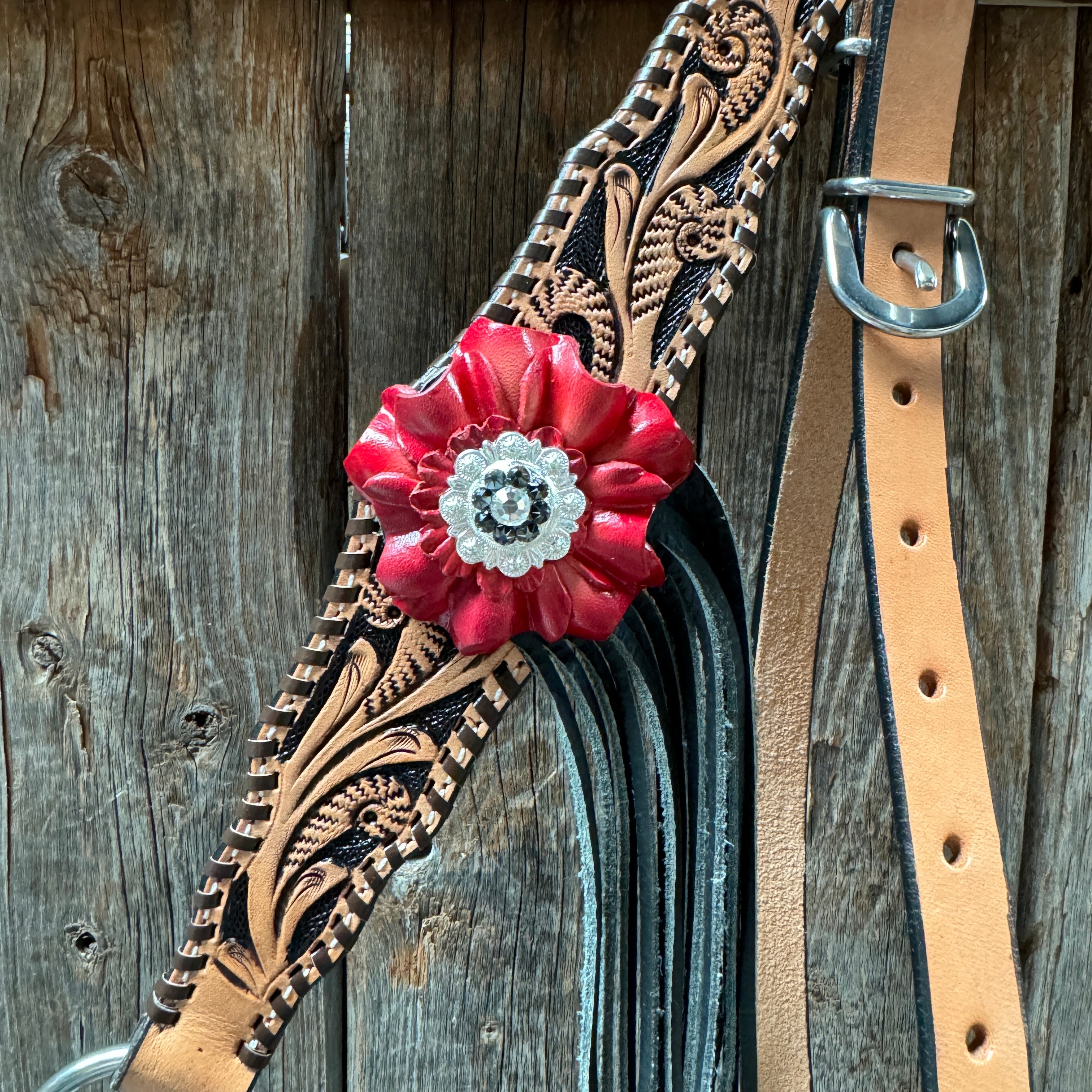 Floral Whipstitch Black and Red Browband with One Ear Triangle & Gladiator Breastcollar Tack Set #BBBC642 for Equestrian Show & Dressage Riding