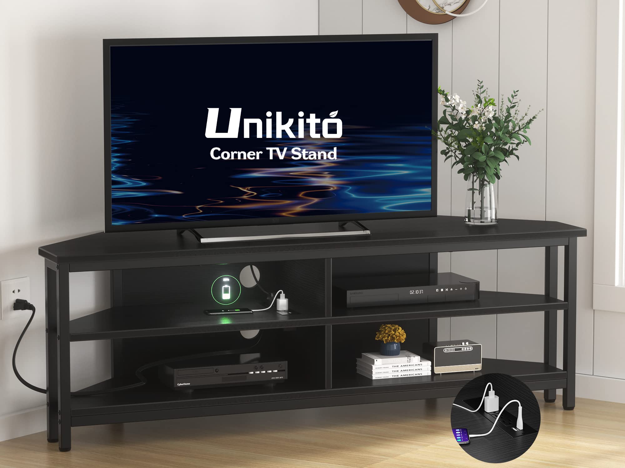 Unikito Corner TV Stand with Power Outlet - Wooden Entertainment Center with 4 Open Shelves, Corner TV Cabinet for Living Room & Bedroom - Fits 55 Inch TVs (Black) | Perfect for Small Spaces & Home Theater Setups