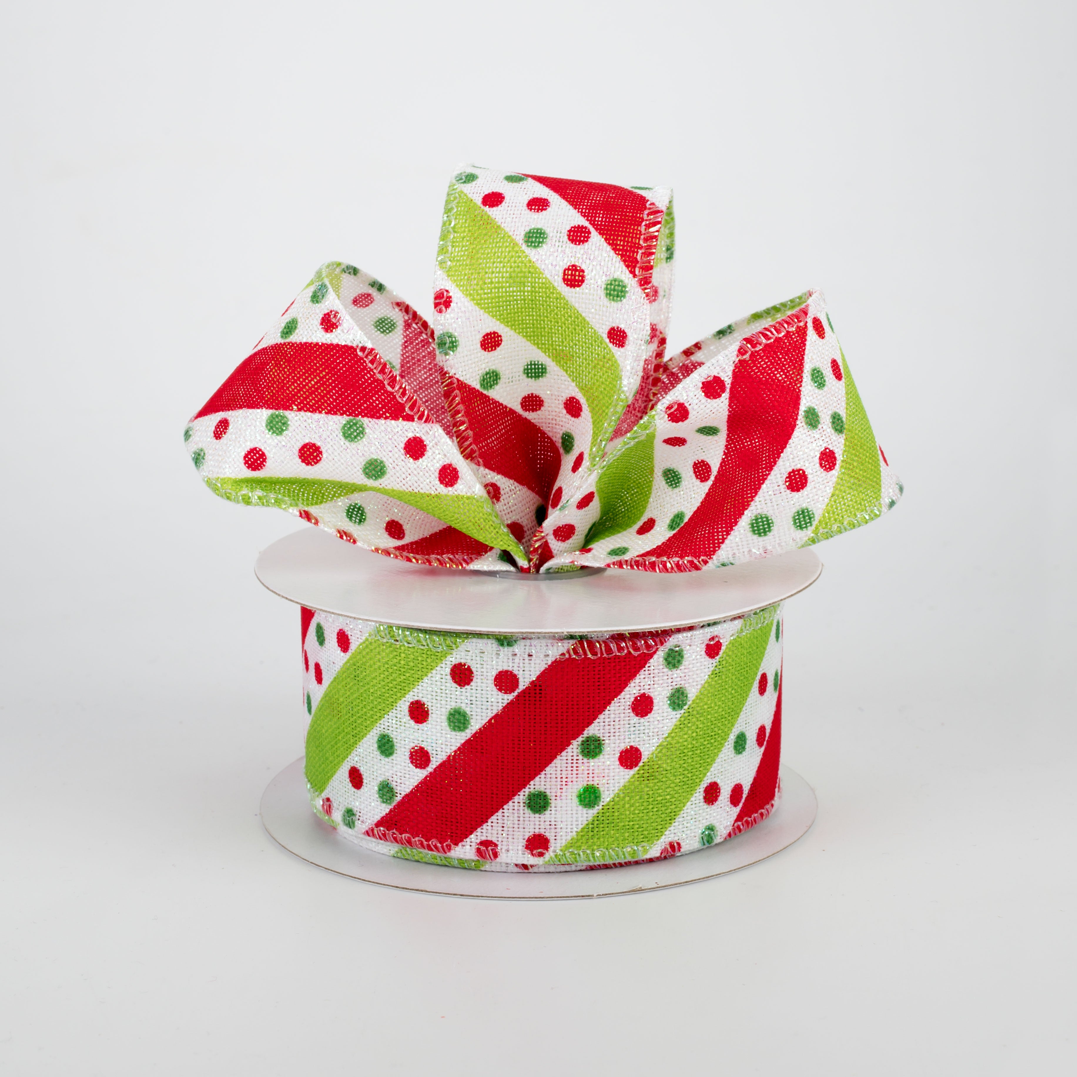1.5 Inch Dotty Stripe Christmas Ribbon - Festive Holiday Decoration for Gifts, Wreaths & Tree Trimming - Red, Lime, White Ribbon Roll (10 Yards) - Perfect for DIY Crafts, Gift Wrapping & Party Decorations