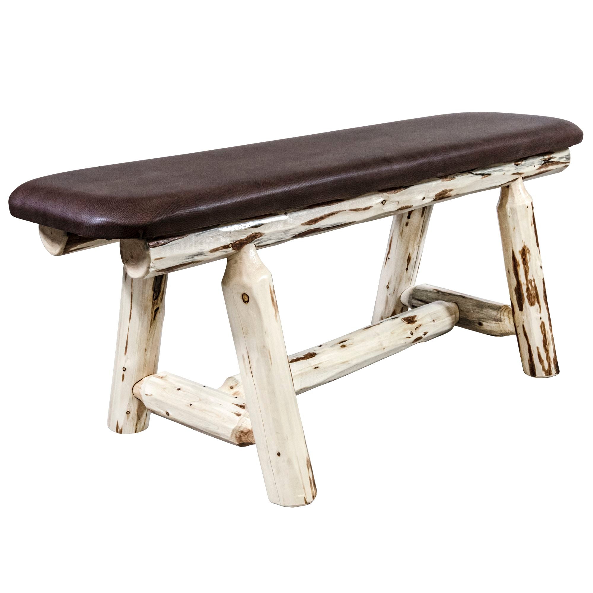 45 Inch Montana Plank Style Bench with Saddle Upholstery - Rustic Wooden Entryway Bench for Living Room, Bedroom, or Mudroom