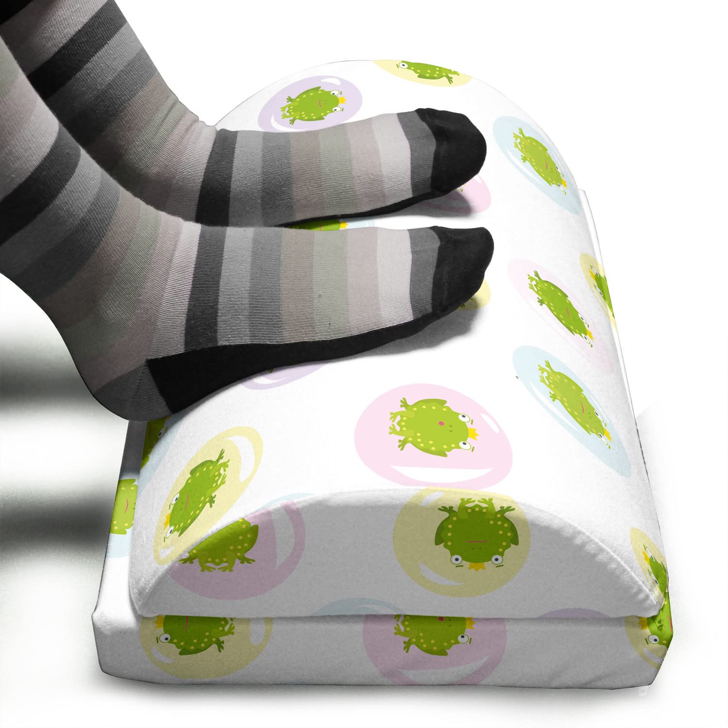 Ambesonne Frog Prince Cartoon Foot Rest - Adjustable Ergonomic Memory Foam Leg Support with Non-Slip Backing, Pastel Yellow Green Office Comfort - Perfect for Home Office, Gaming Chair, and Relaxation