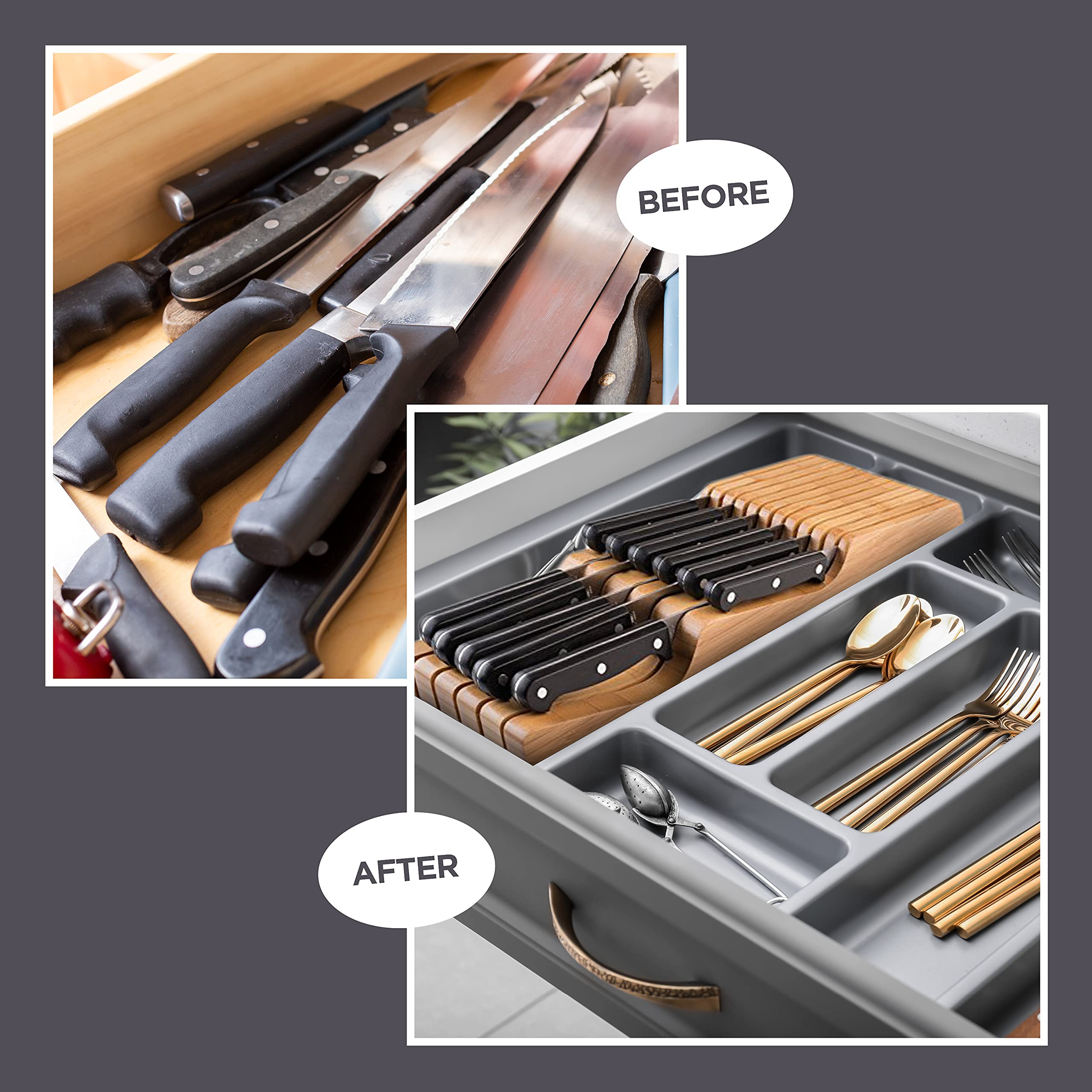 Bambüsi In-Drawer Knife Organizer - Premium Bamboo Knife Block for Kitchen Drawers - Holds 5 Chef Knives & 6 Steak Knives - Safe Downward Blade Storage - Wooden Knife Holder (Knives Not Included) - Perfect for Home Chefs & Organized Kitchens