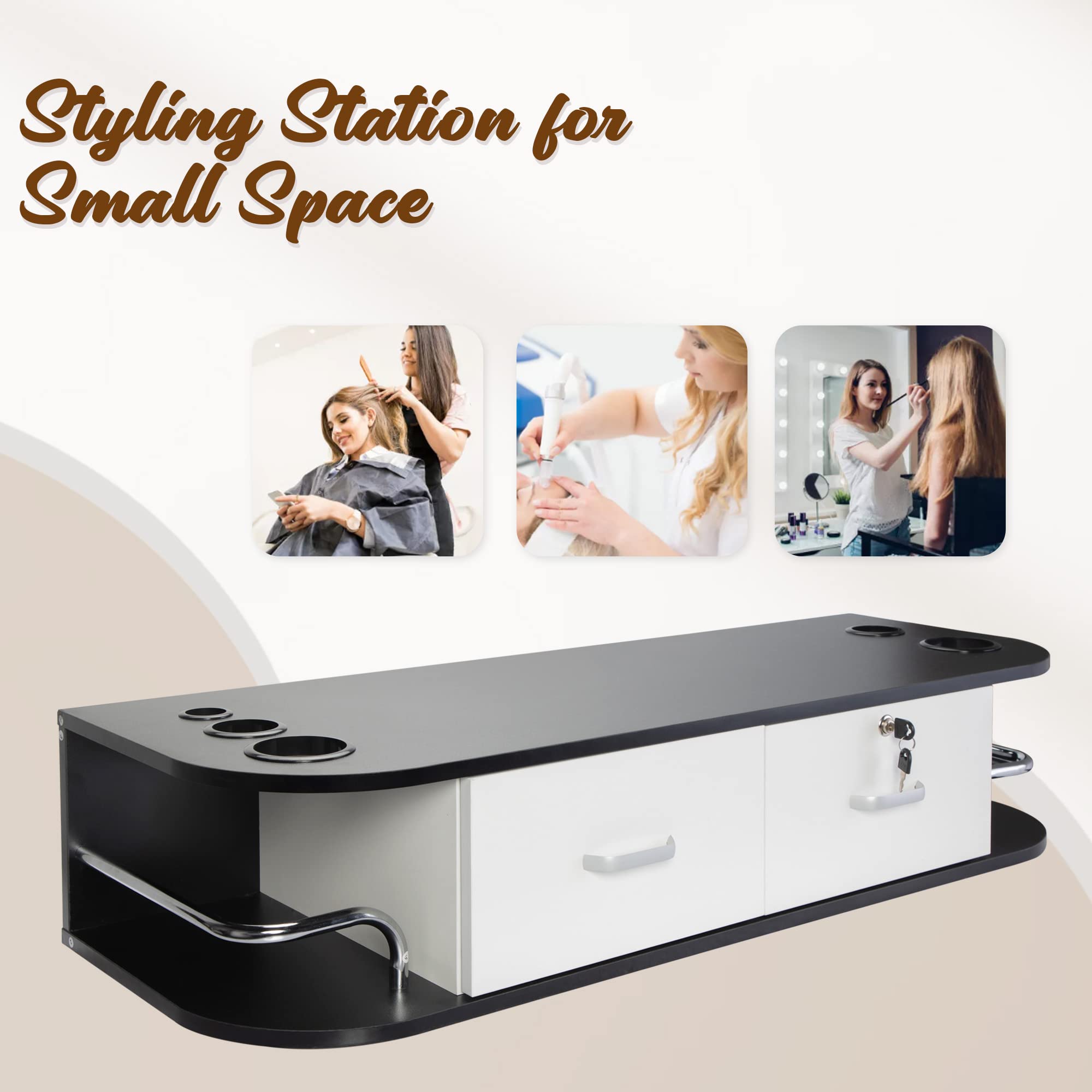 Wall Mounted Beauty Station with 2 Drawers & 5 Tool Holders - Bathroom Vanity Organizer for Salon & Home Use - Black and White Makeup Dressing Table with Side Cubby - Perfect for Small Spaces, Salons & Bedrooms