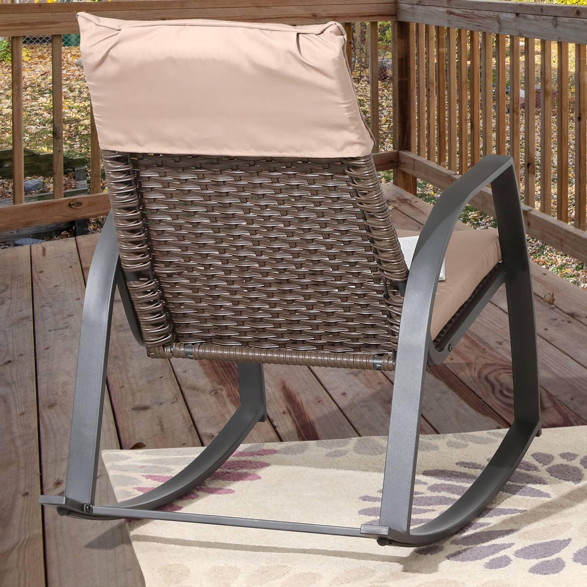PatioFestival 3-Piece Outdoor Bistro Set with Cushioned Metal Rocking Chairs & Side Table - All-Weather Khaki Patio Furniture for Garden, Deck, or Backyard Relaxation