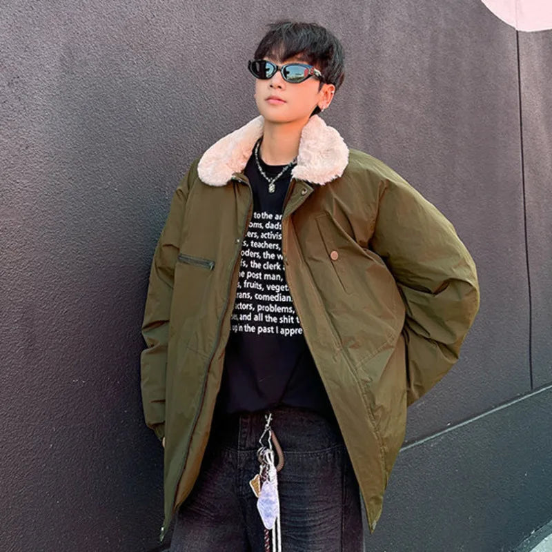 Men's American Style Padded Jacket - Lamb Wool Turn-Down Collar, Zipper Patchwork, Thickened Casual Coat for Winter (Tide 9C9279) | Perfect for Outdoor Activities, Daily Wear & Cold Weather Fashion