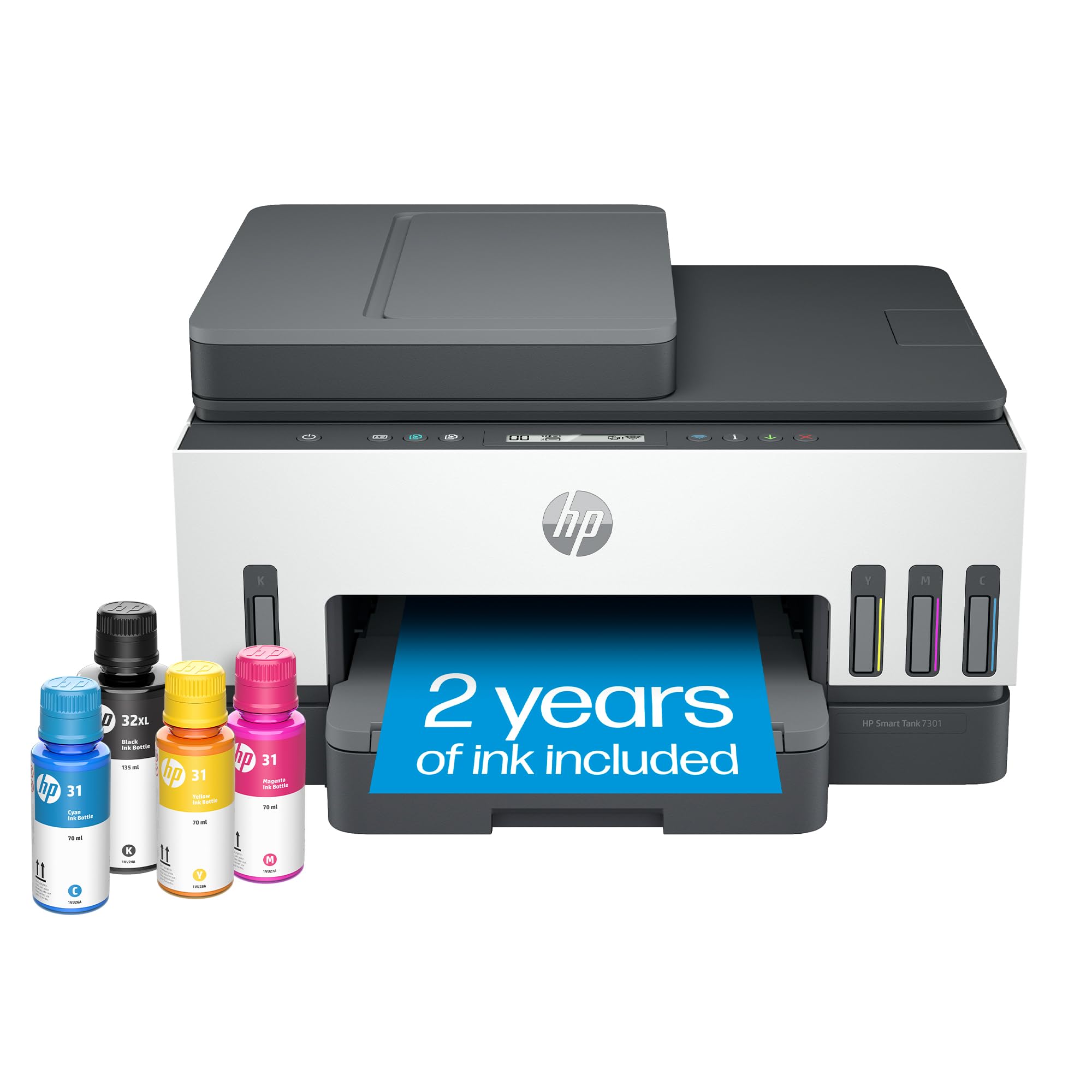 HP Smart-Tank 7301 Wireless All-in-One Inkjet Printer with 2 Years of Ink Supply - Mobile Printing, Scanning, Copying, Auto Document Feeder (28B70A, Gray) - Ideal for Home Office, Small Business & Remote Work