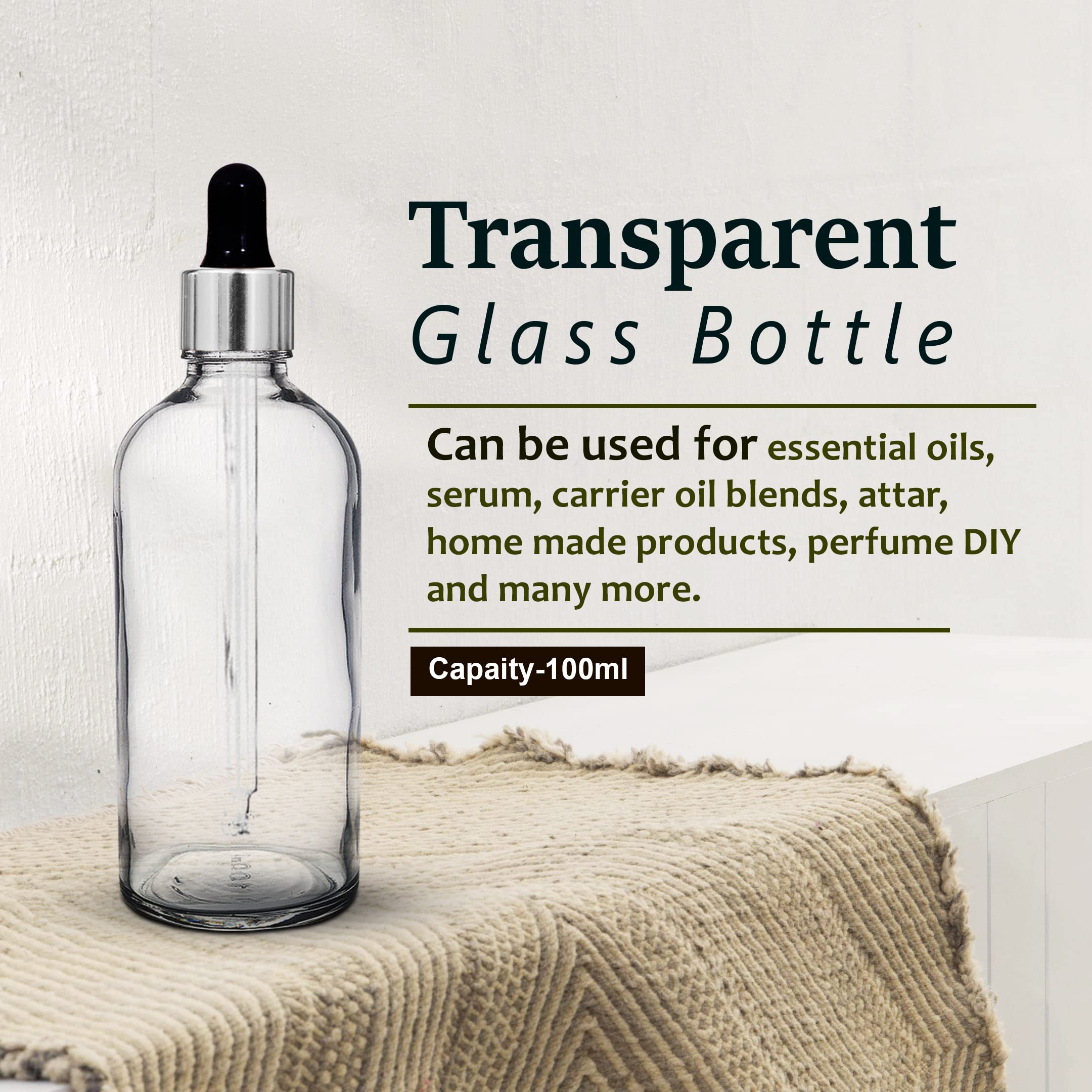 NSB Herbals 100ml Clear Round Empty Glass Bottle with Glass Dropper & Silver Ring - Refillable Essential Oil Bottle, Perfume Dropper Bottle - Perfect for DIY Essential Oils, Aromatherapy, Perfume Making & Liquid Storage