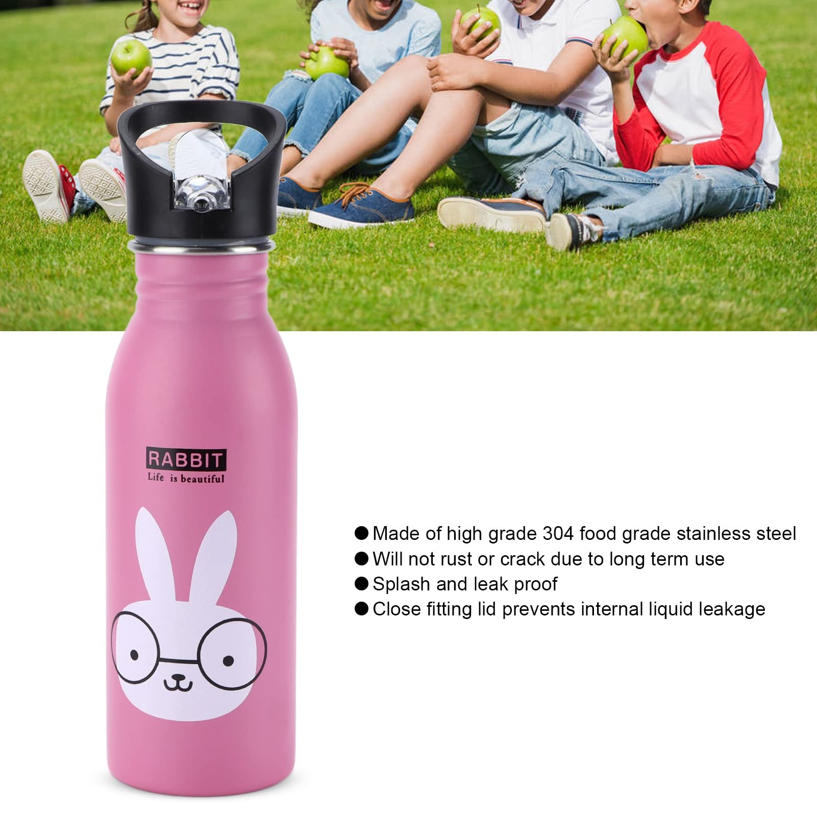 Stainless Steel Water Bottle for Kids - Cute Cartoon Animal Design, Leak-Proof with Straw Lid & Nozzle | Durable Sports & Travel Water Cup for School, Hiking, Gym, and Outdoor Activities