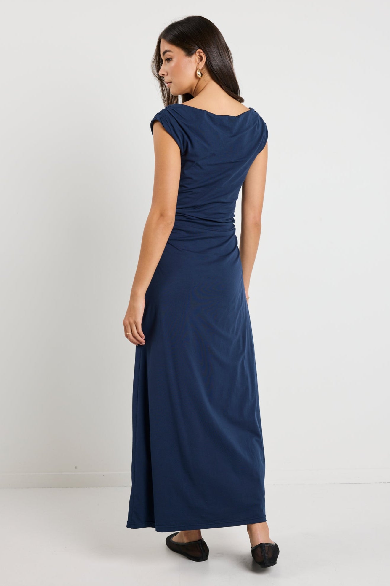 Equator Navy Jersey Rouched Midi Dress - Women's Stretchy Bodycon Dress for Casual Wear, Date Night & Party Outfits