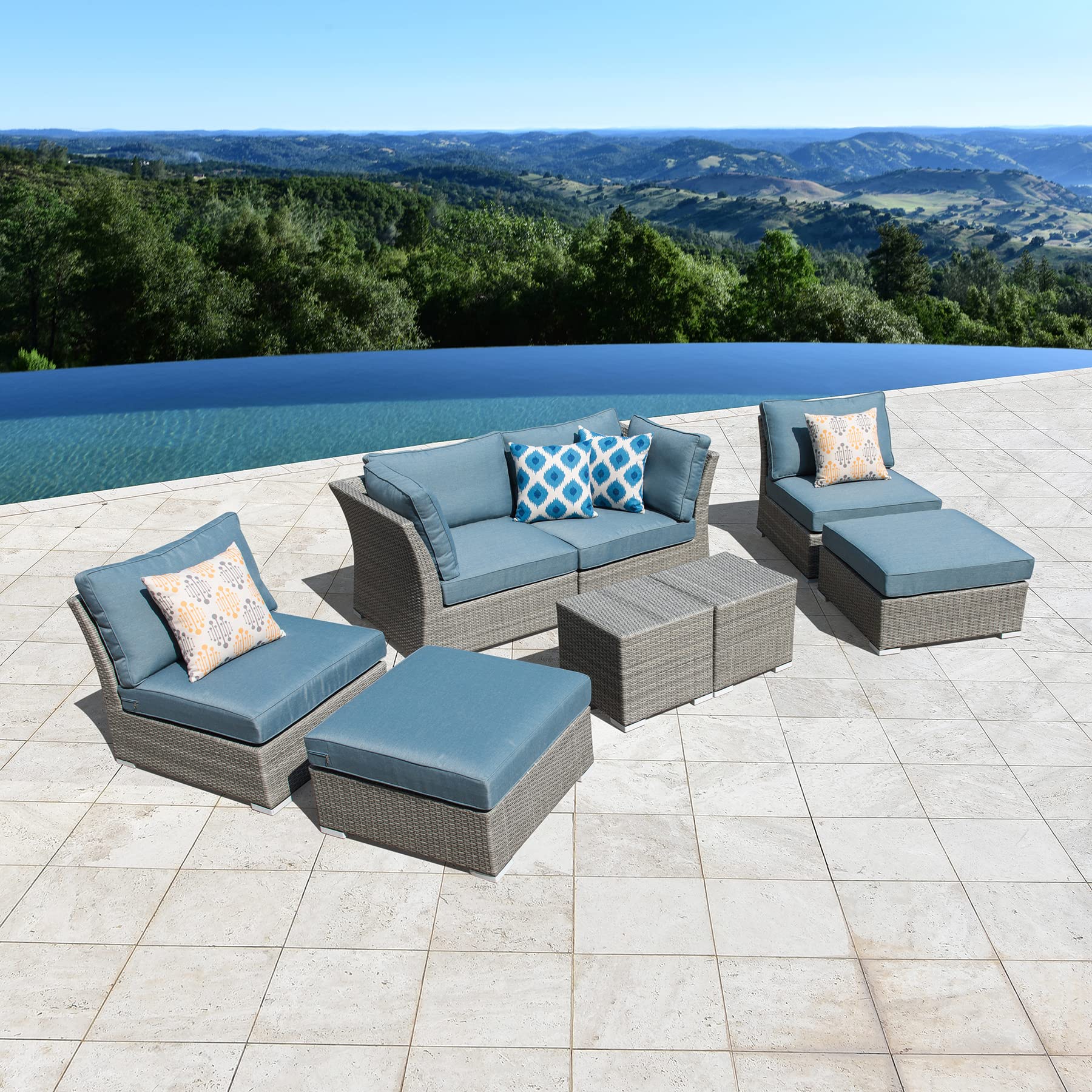 Premium 8-Piece Outdoor Wicker Furniture Set - 6-Seater Patio Sofa with Thick Cushions, 4 Seats, 2 Ottomans & 2 Coffee Tables - All-Weather Rattan Deck Conversation Set for Backyard, Garden, Poolside & Patio Relaxation