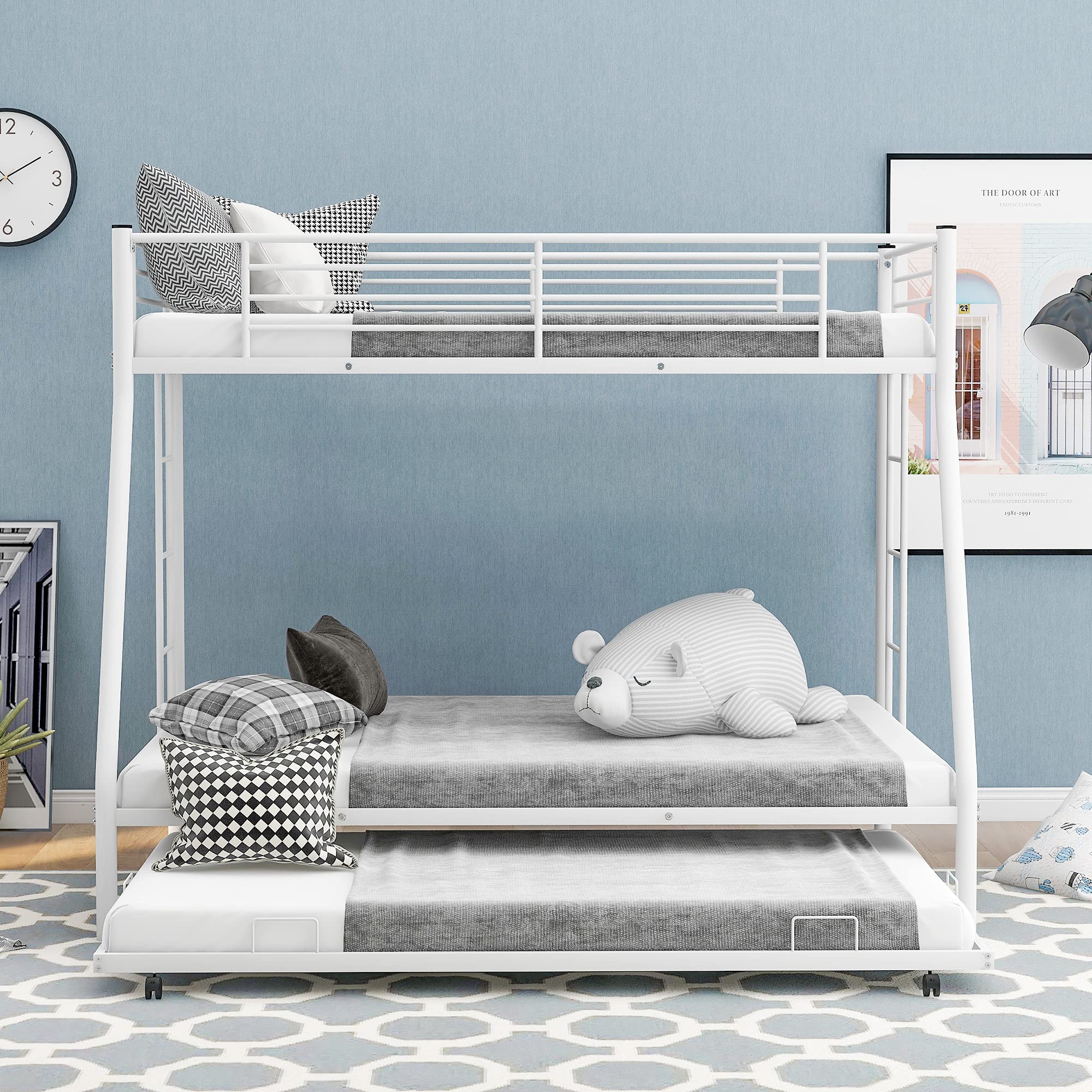 Sturdy Metal Bunk Bed with Trundle - Twin Over Full Size Steel Frame Bed for Kids, Teens & Adults - Includes 2 Side Ladders & Safety Guard Rails - No Box Spring Needed - Perfect for Small Bedrooms, Guest Rooms & Dormitories (White)