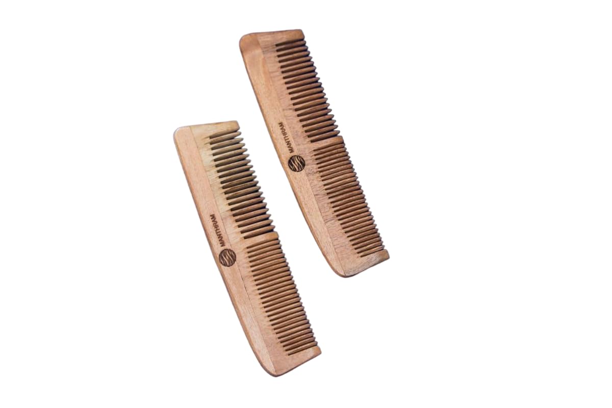 MANTHRAM Pure Neem Wood Hair Comb - Dual Teeth for Men & Women | Natural Hair Growth, Anti Hairfall & Dandruff Control | Eco-Friendly Wooden Comb for Daily Hair Care | Perfect for Home, Travel & Ayurvedic Hair Treatment