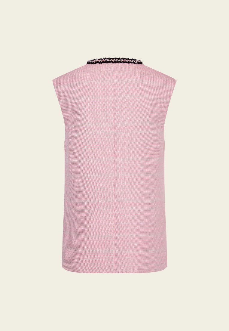 Stylish Black Trimmed Pink Tweed Vest for Women - Fashionable Layering Piece for Office, Parties & Fall Outfits
