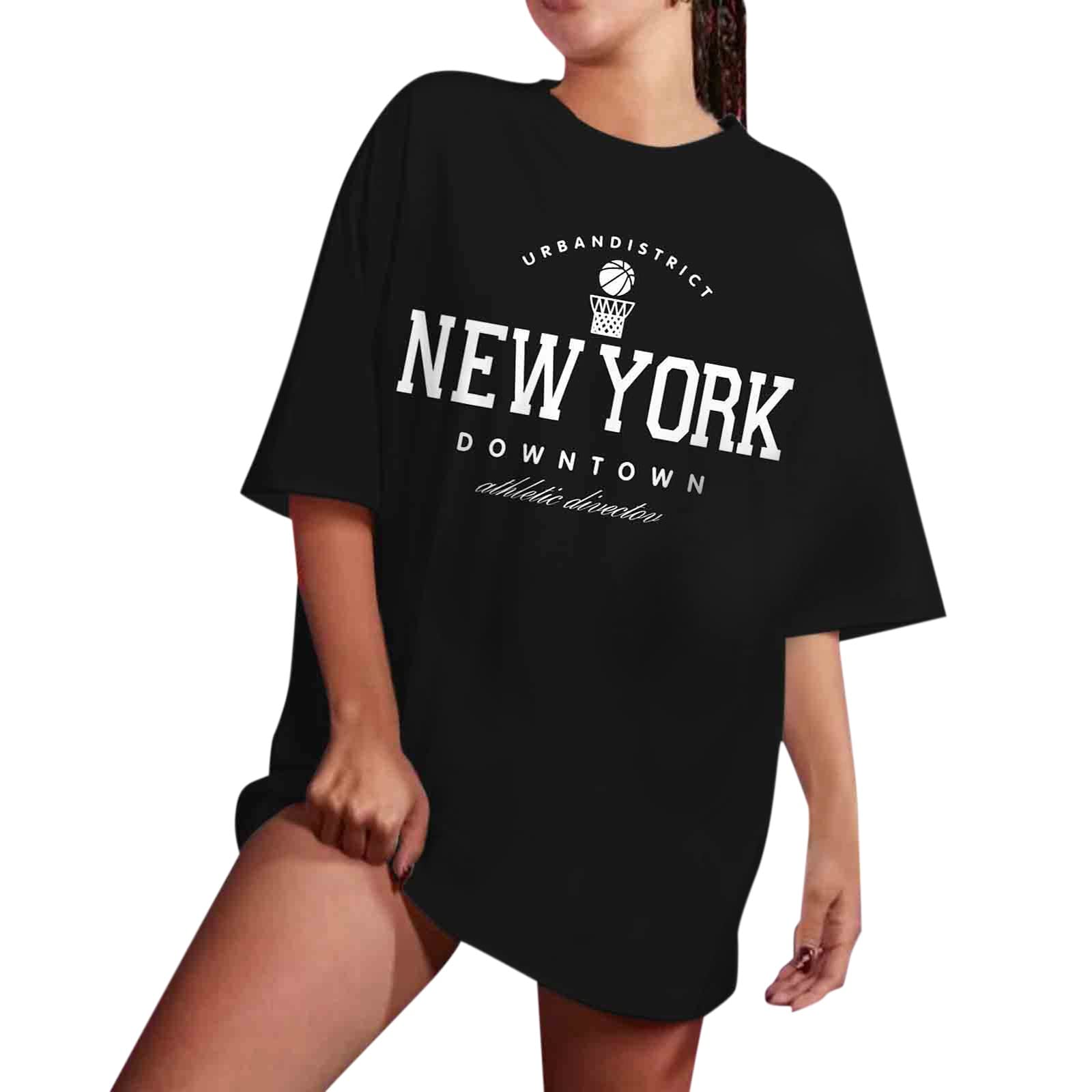 iOPQO Women's Oversized Letter Print T-Shirt - White Cotton Crewneck Long Sleeve Casual Top (Black, XL) | Summer Fashion, Streetwear, Everyday Wear