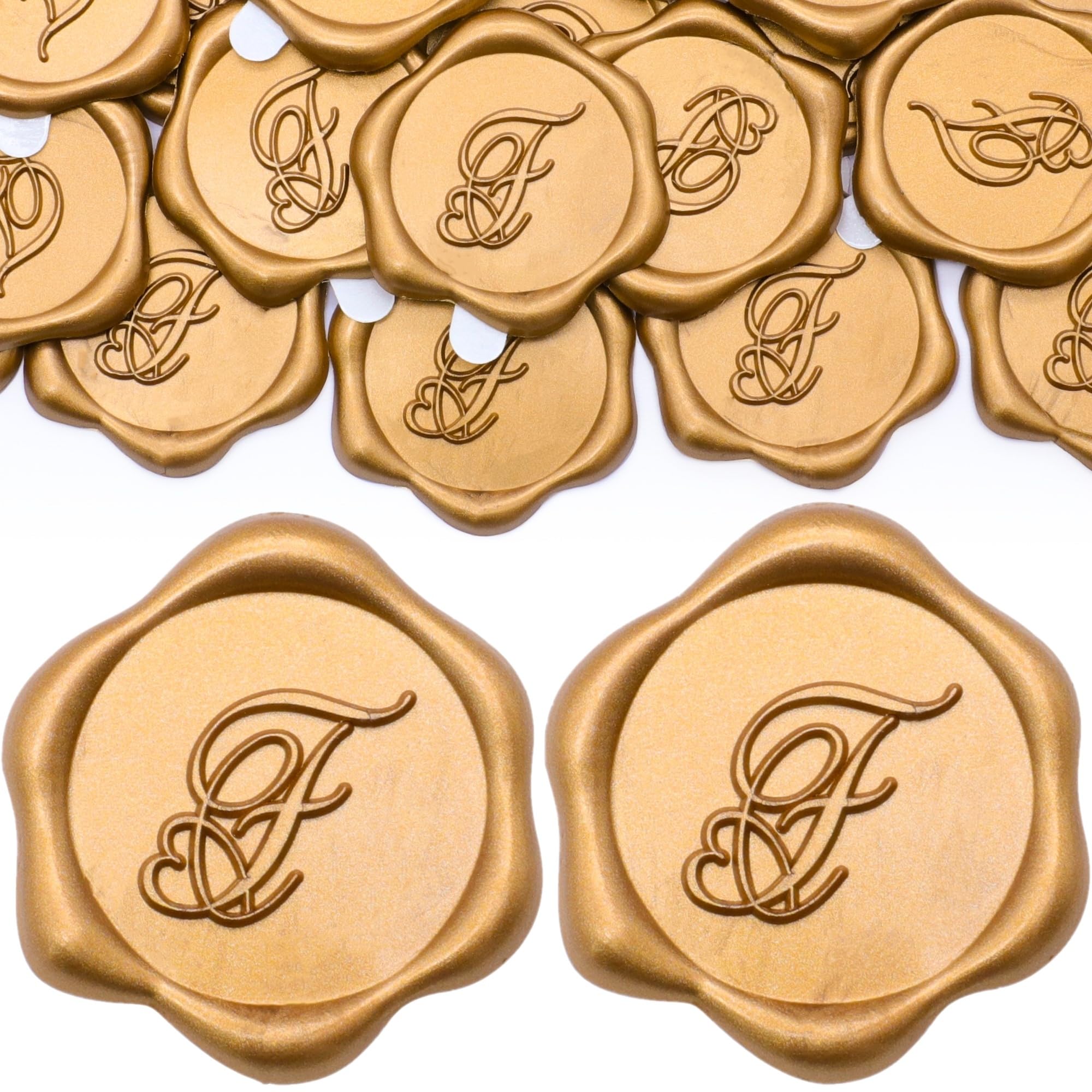 SWANGSA 100 Pack Letter F Wax Seal Stickers - Antique Gold Heart Design Initial Adhesive Wax Seals for Wedding Invitations, Party Envelopes, Greeting Cards & DIY Crafts